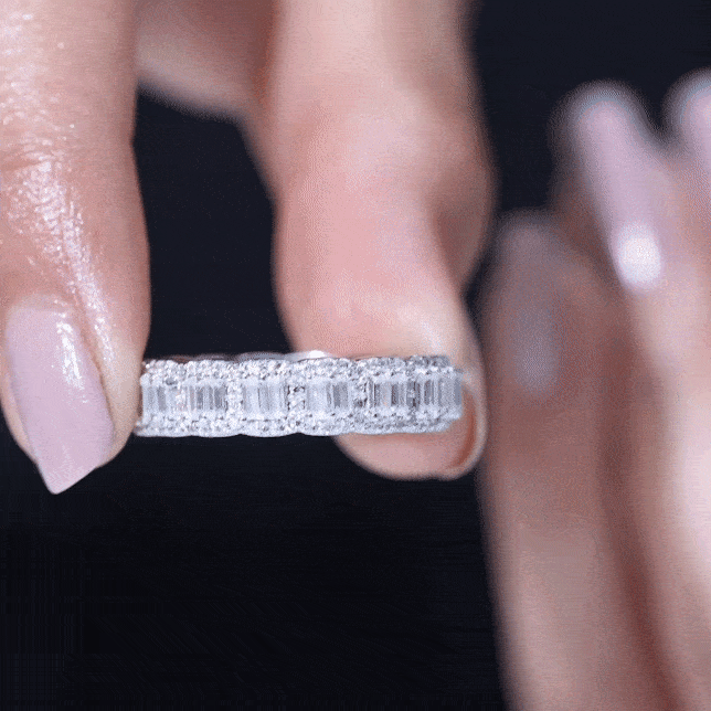 Moissanite Eternity Ring – Half Eternity Band with Baguette Cut Stones in Prong Setting