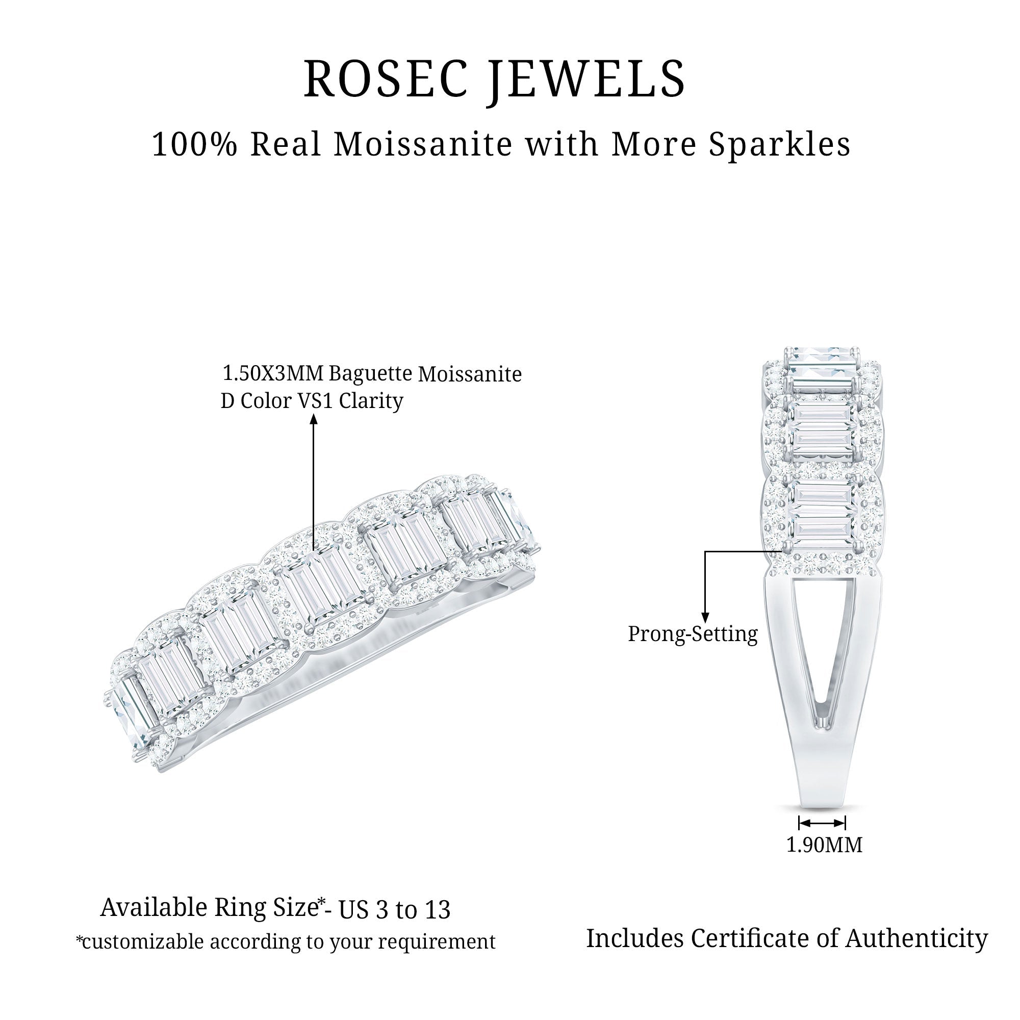Moissanite Eternity Ring – Half Eternity Band with Baguette Cut Stones in Prong Setting