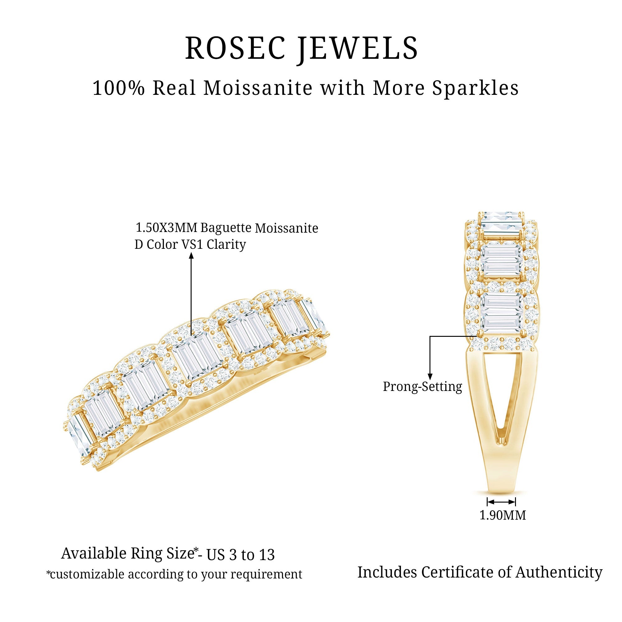 Moissanite Eternity Ring – Half Eternity Band with Baguette Cut Stones in Prong Setting