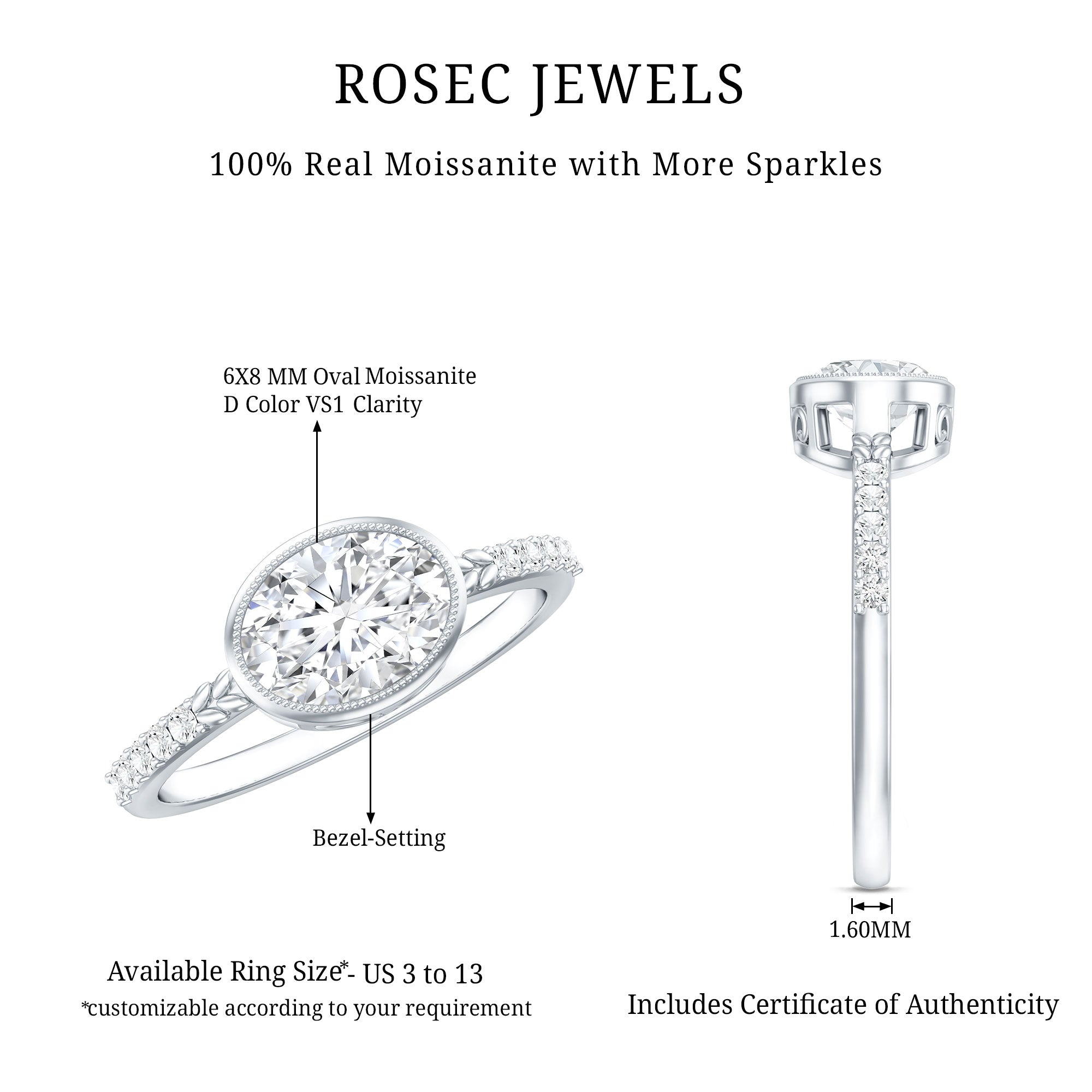 Moissanite Engagement Ring - Oval 1 Carat East West Style Bezel Setting