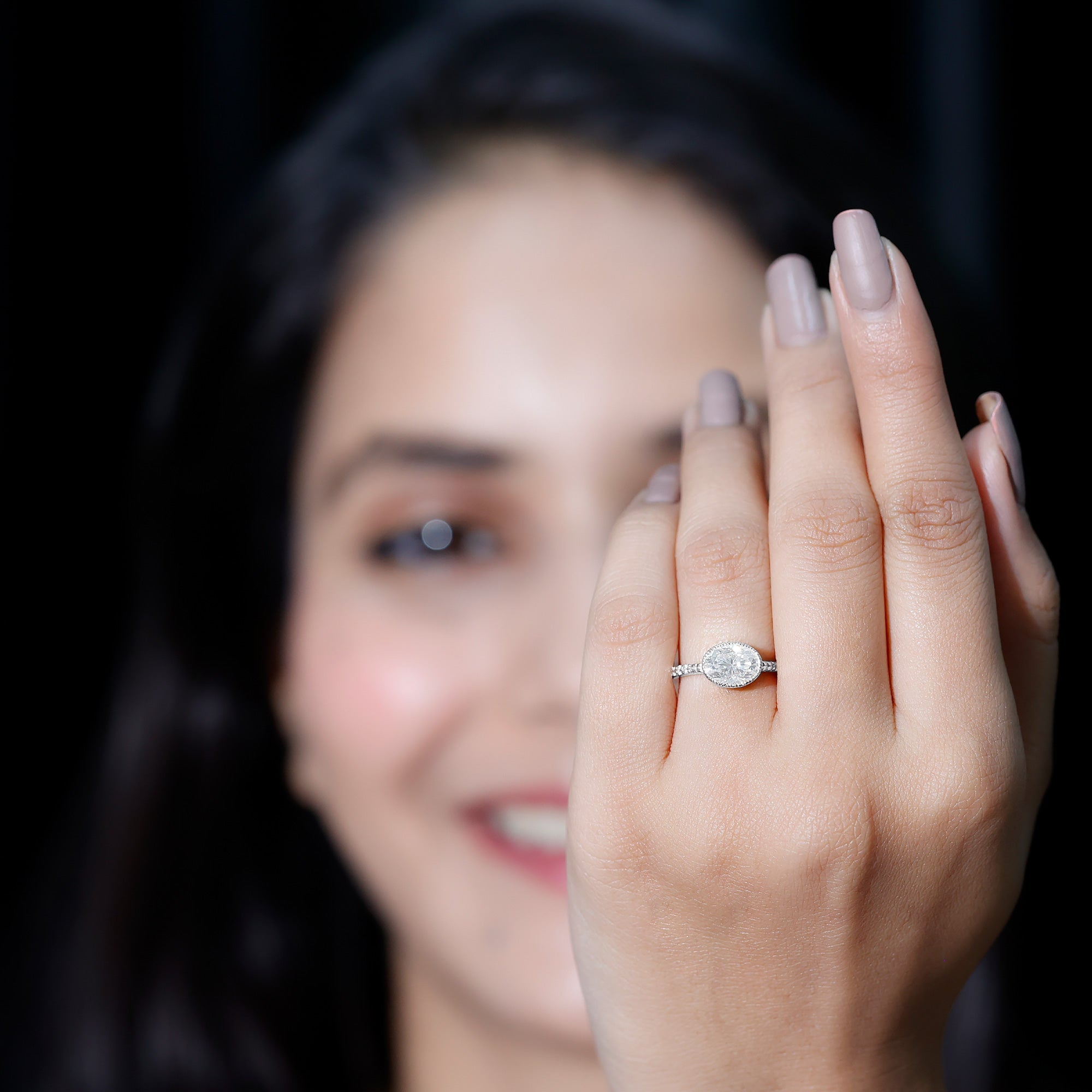Moissanite Engagement Ring - Oval 1 Carat East West Style Bezel Setting