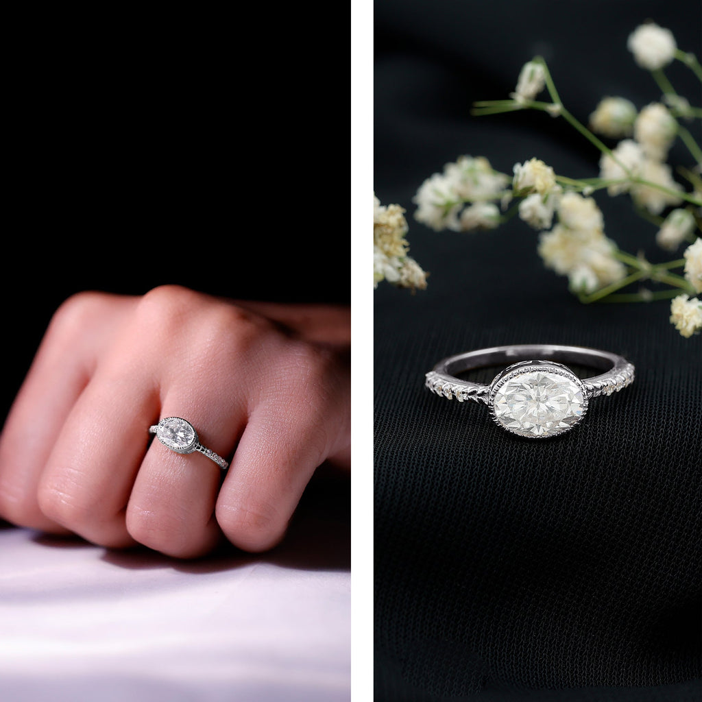 Moissanite Engagement Ring - Oval 1 Carat East West Style Bezel Setting