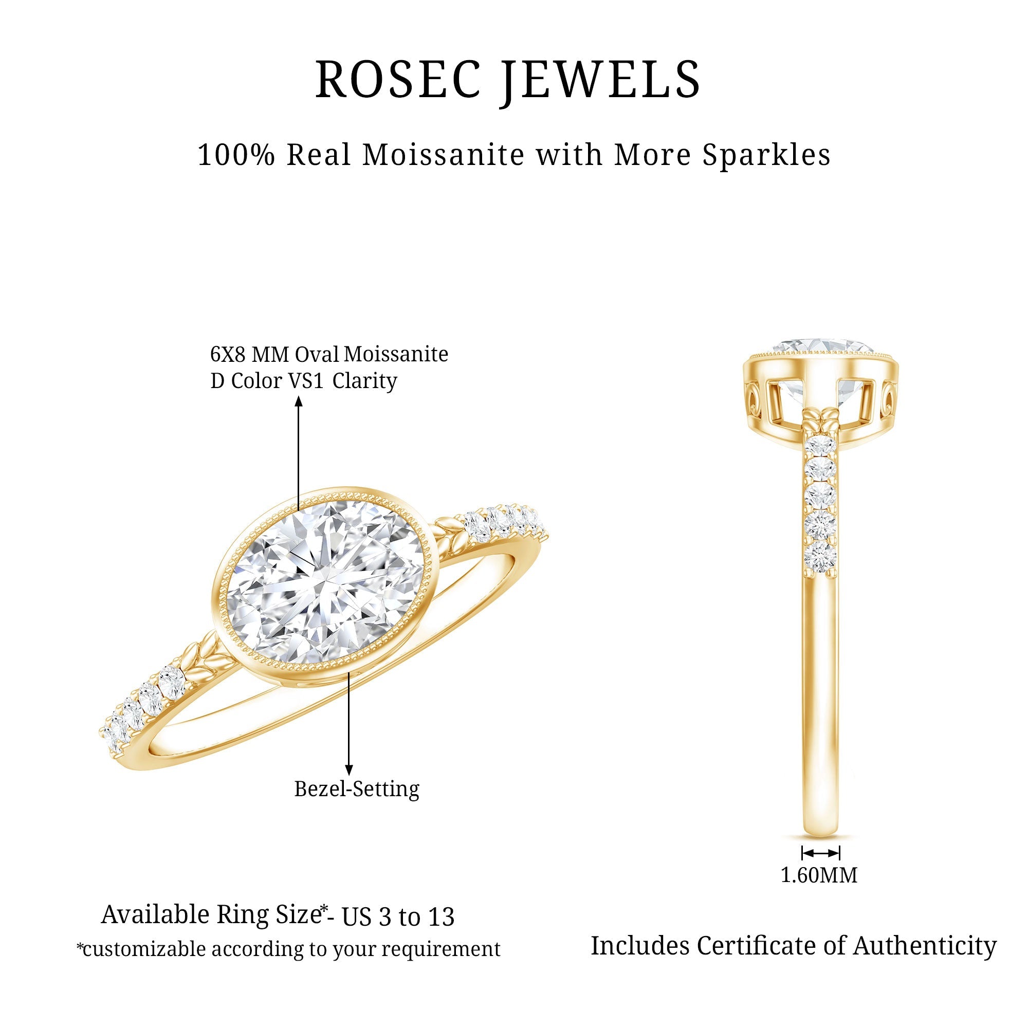 Moissanite Engagement Ring - Oval 1 Carat East West Style Bezel Setting