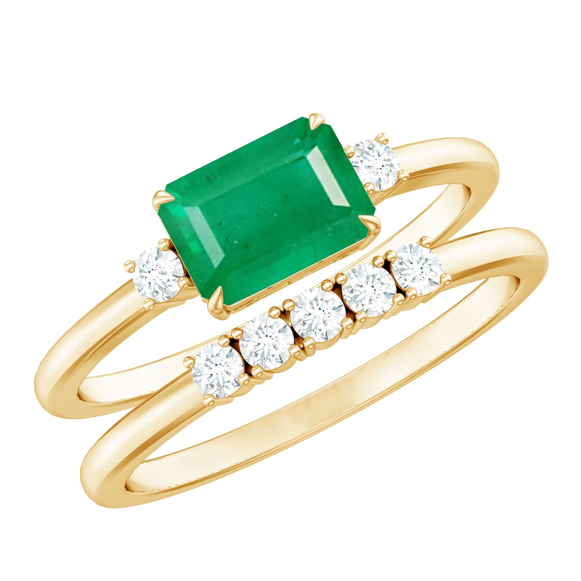 Emerald Engagement Ring East West Set – Emerald Cut Ring with Diamond Wedding Band