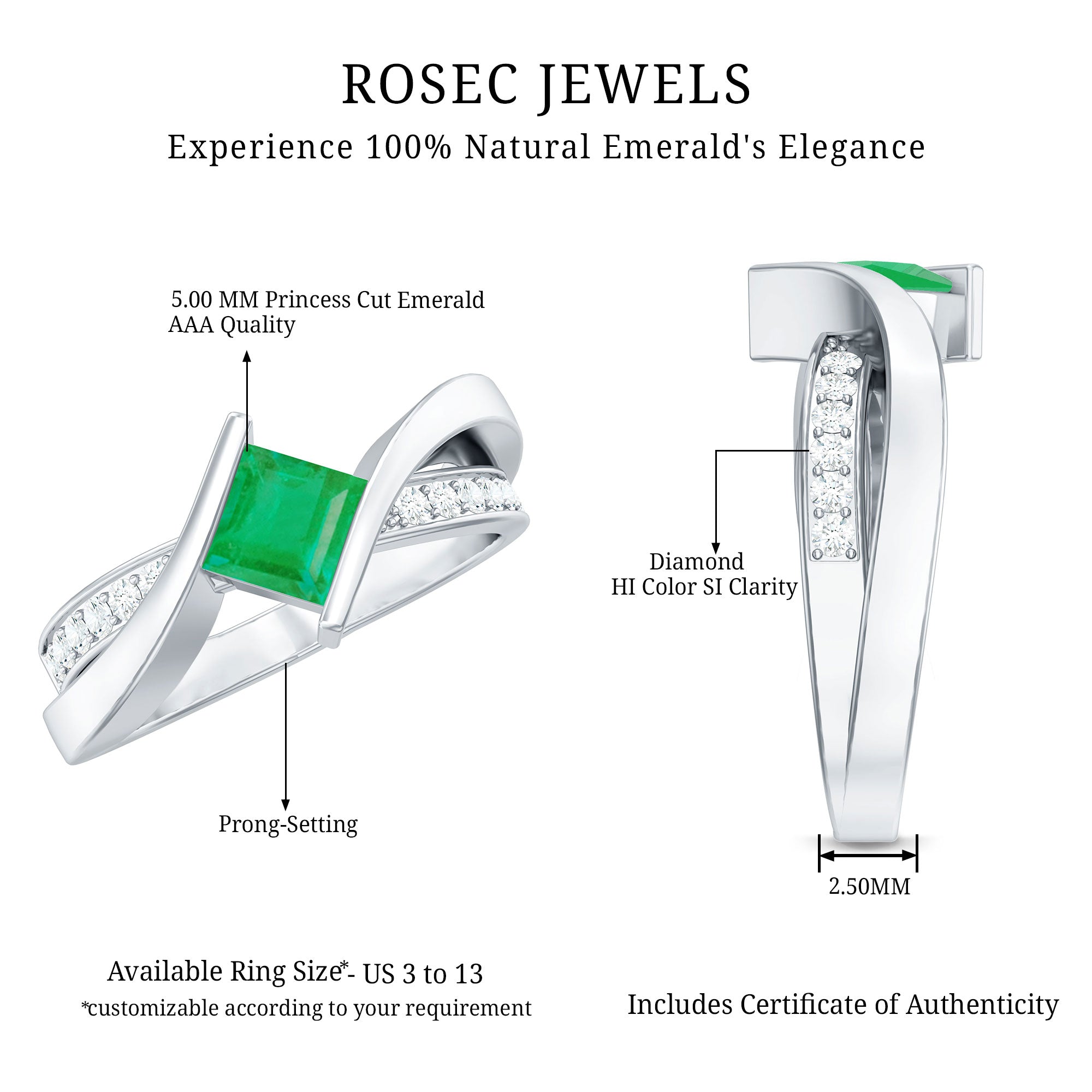 Princess Cut Emerald Ring - Lab Grown Infinity Promise Ring With Diamonds