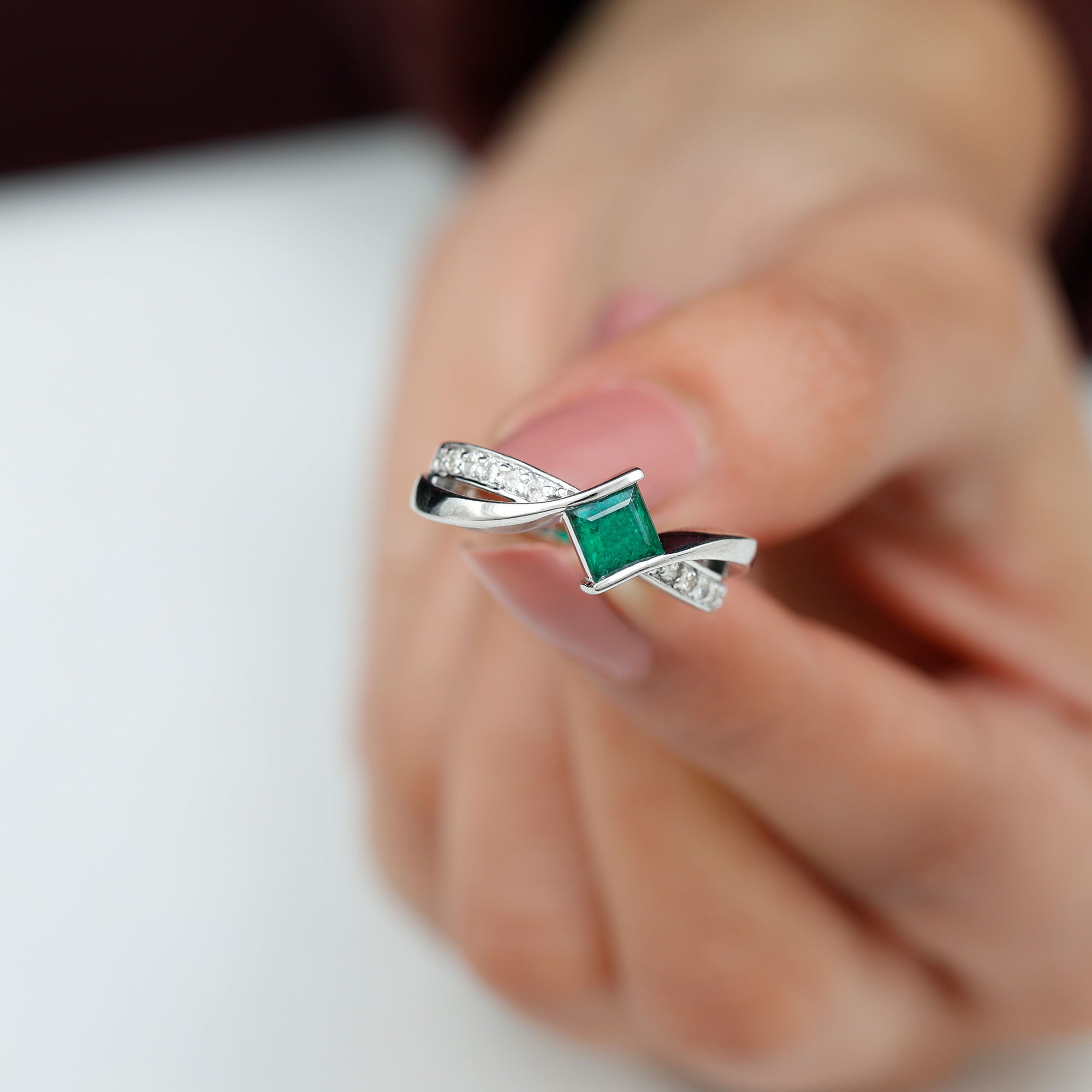 Princess Cut Emerald Ring - Lab Grown Infinity Promise Ring With Diamonds