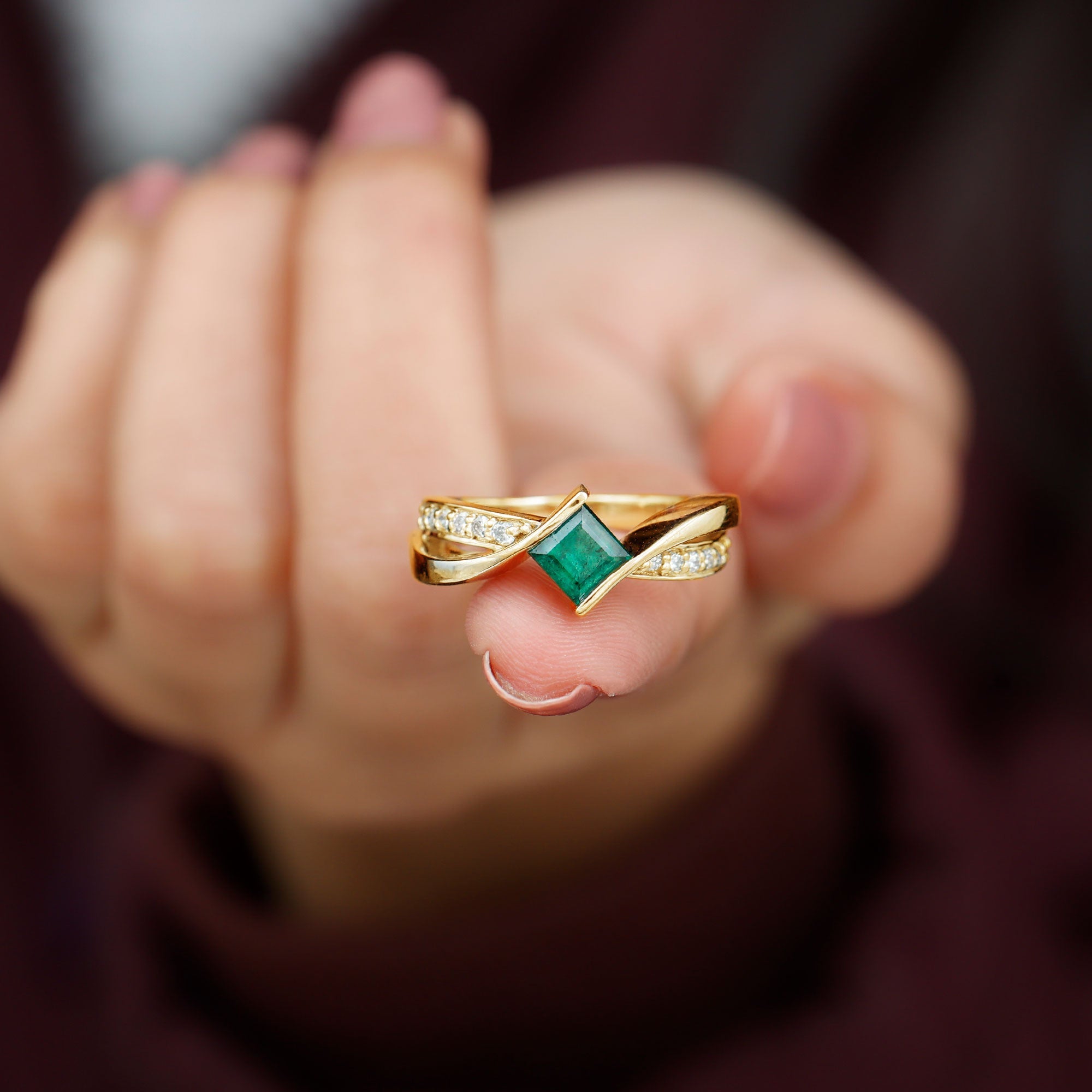 Princess Cut Emerald Ring - Lab Grown Infinity Promise Ring With Diamonds