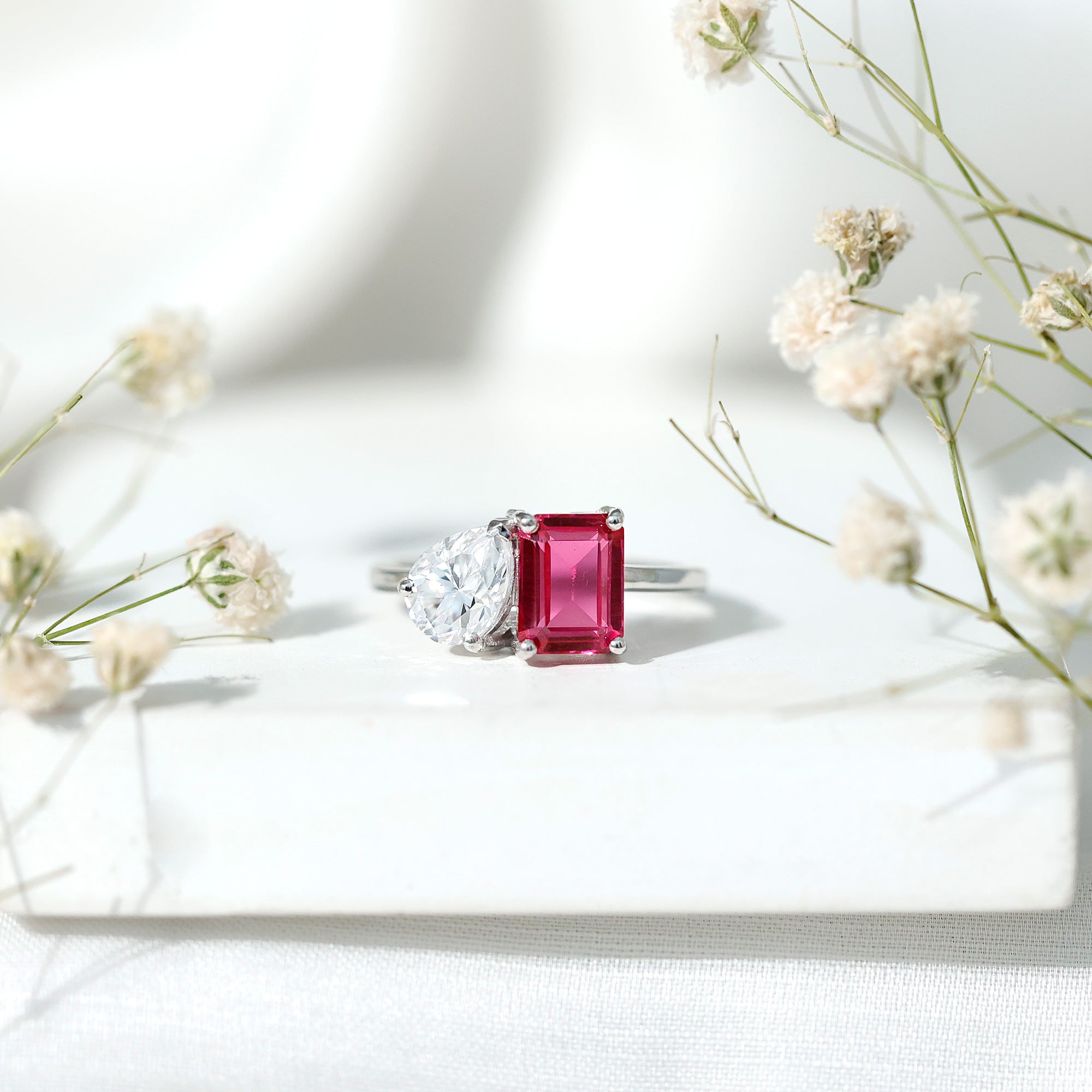 Lab Created Pink Sapphire and Moissanite Toi Et Moi Engagement Ring for Women