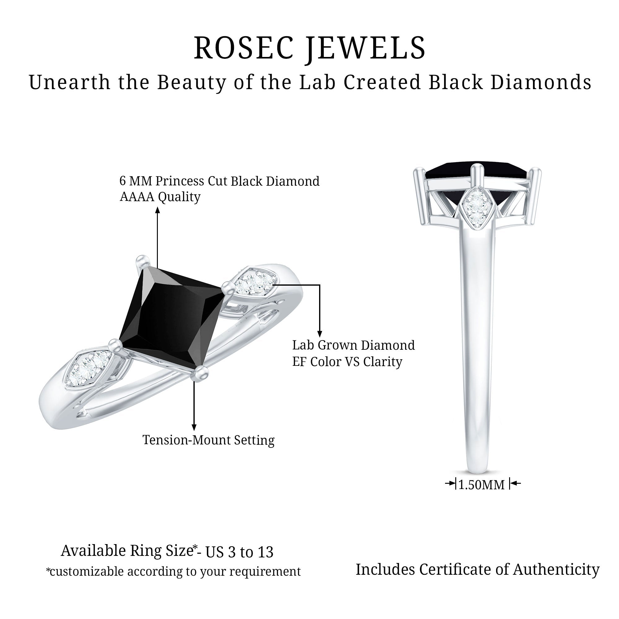 Certified 1 Carat Princess Cut Lab Grown Black and White Diamond Engagement Ring