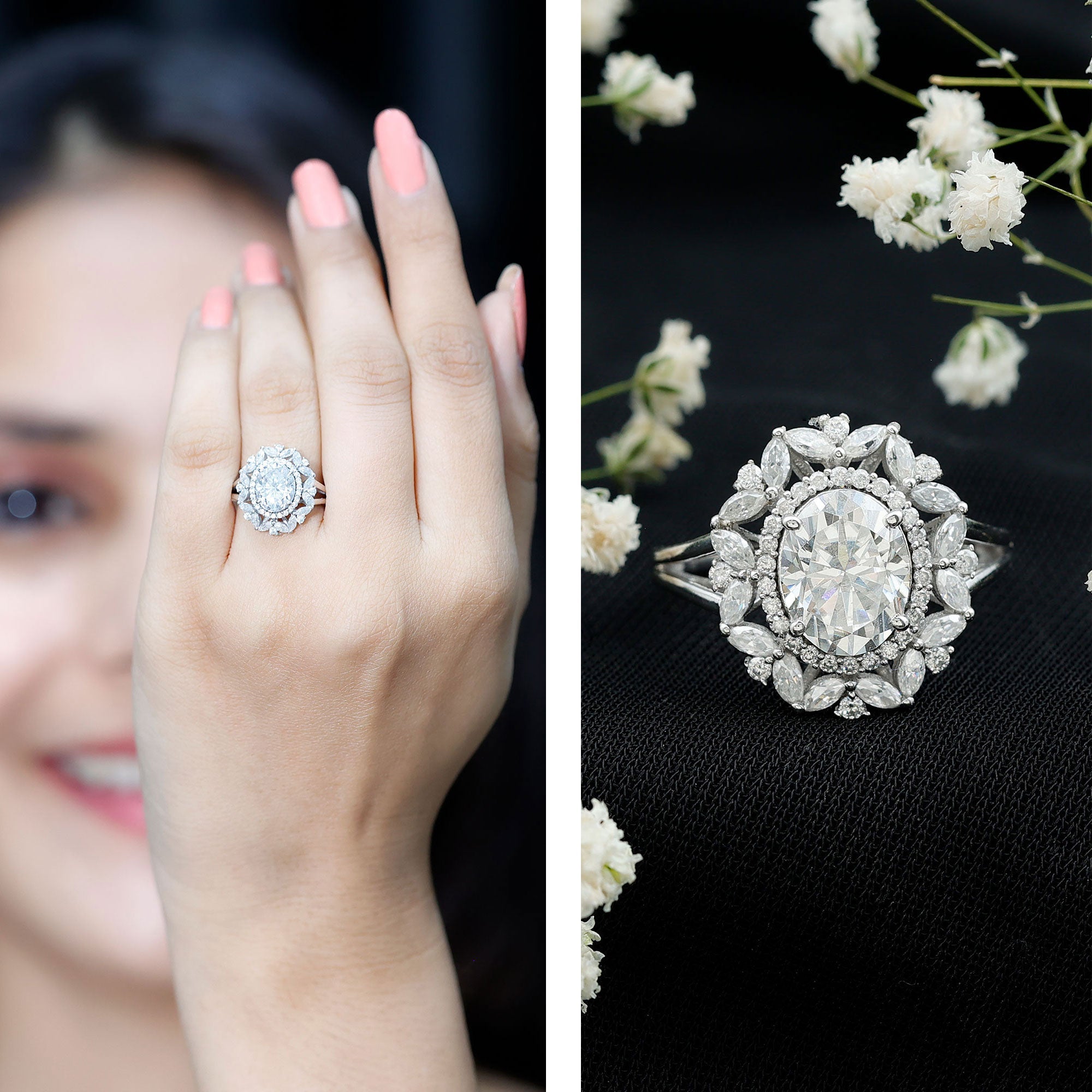 Oval Cut 2 Carat Moissanite Double Halo Engagement Ring