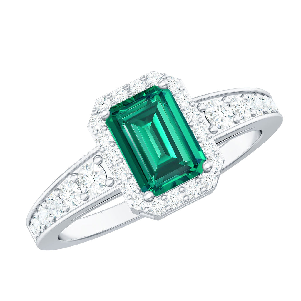 Emerald Cut Engagement Ring – Lab Grown Emerald Ring with Diamond Halo & Vintage Style