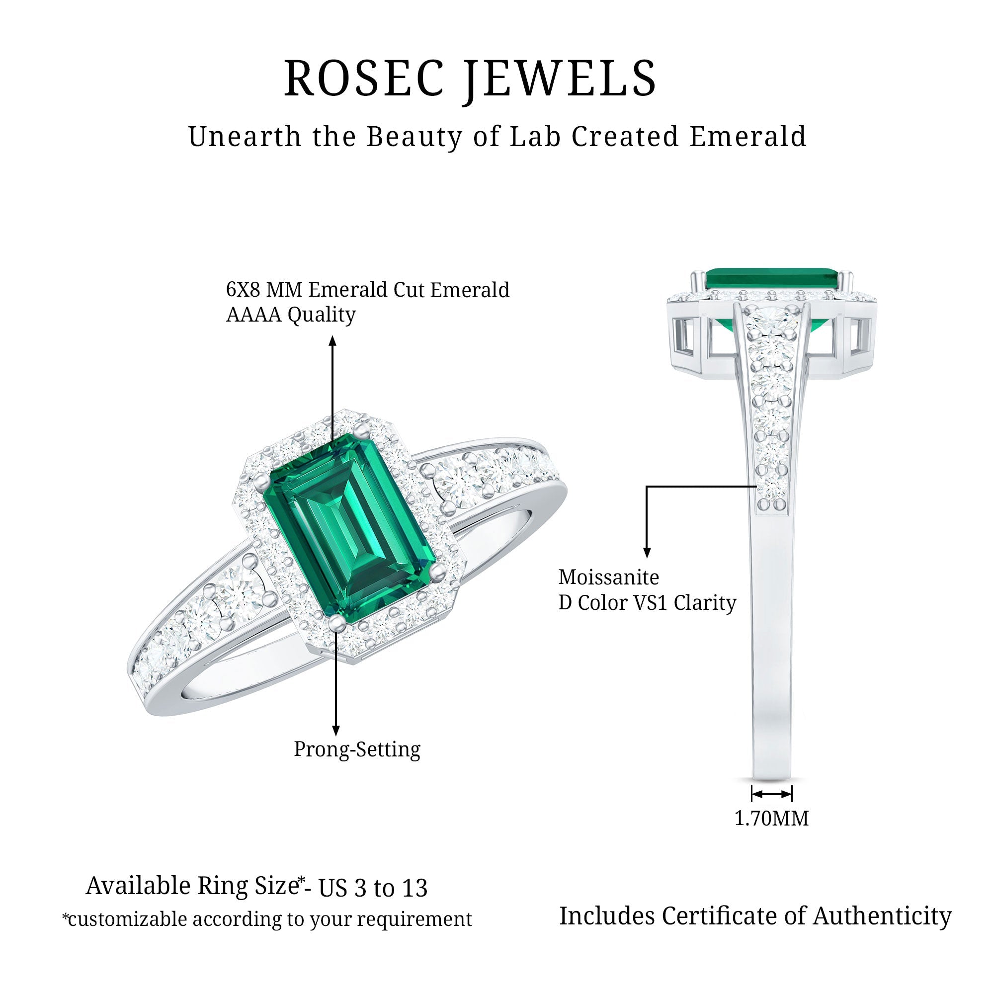 Emerald Cut Engagement Ring – Lab Grown Emerald Ring with Diamond Halo & Vintage Style