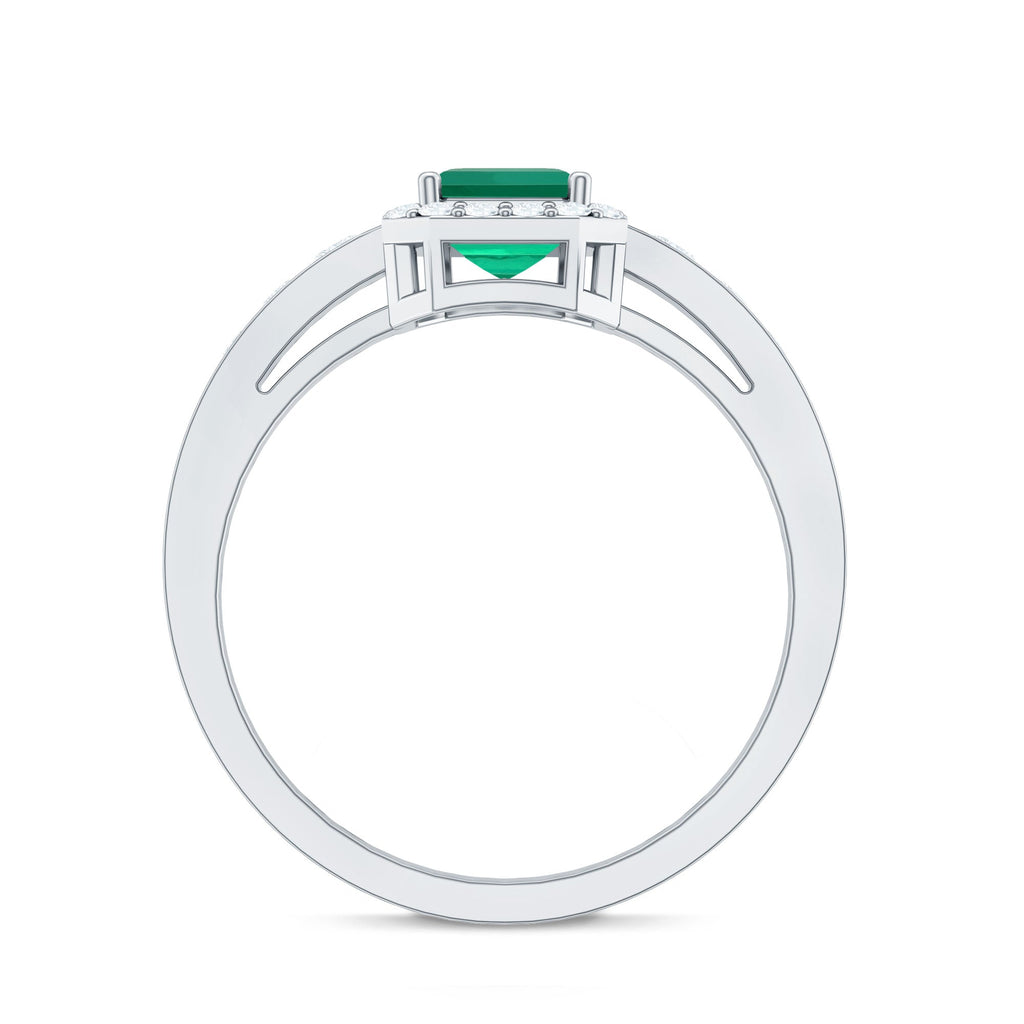 Emerald Cut Engagement Ring – Lab Grown Emerald Ring with Diamond Halo & Vintage Style