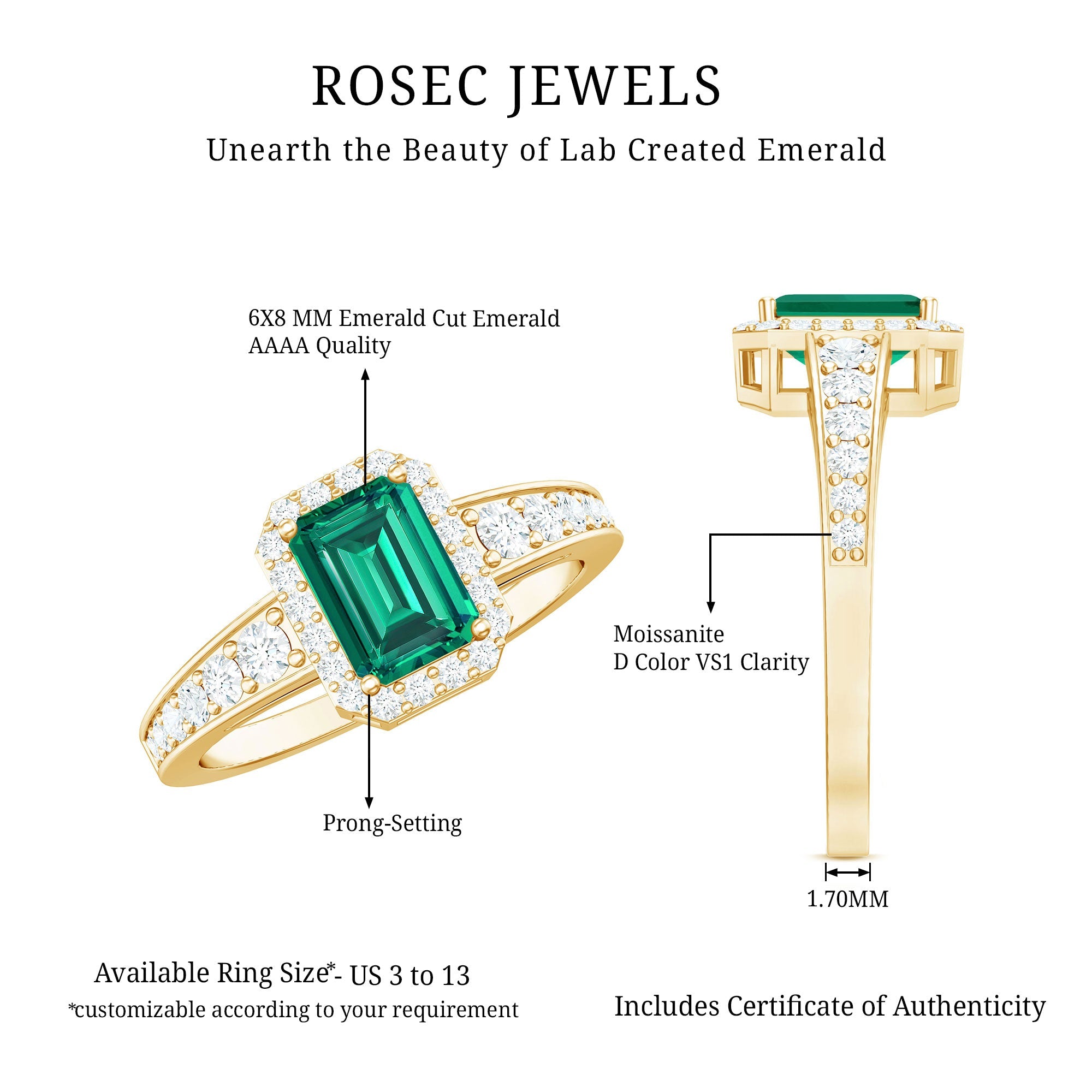 Emerald Cut Engagement Ring – Lab Grown Emerald Ring with Diamond Halo & Vintage Style