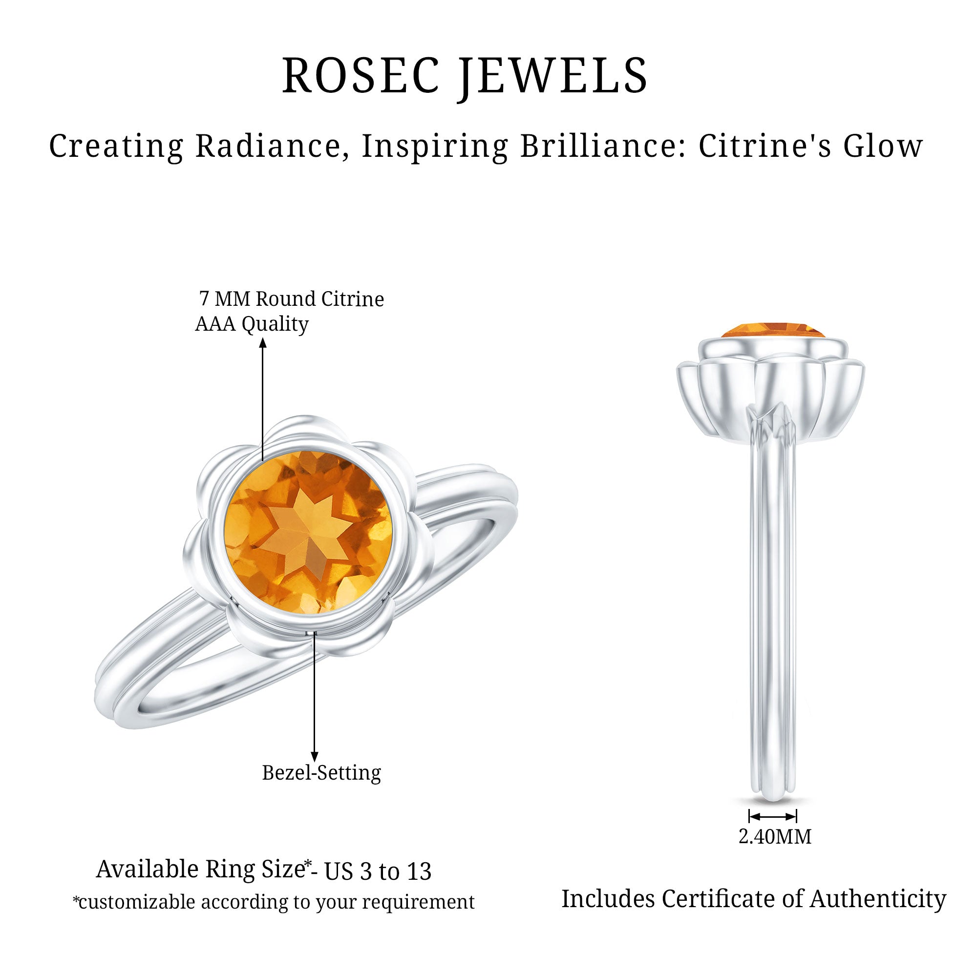Citrine Engagement Ring - 1.2 Carat Solitaire Bezel Setting Floral Design