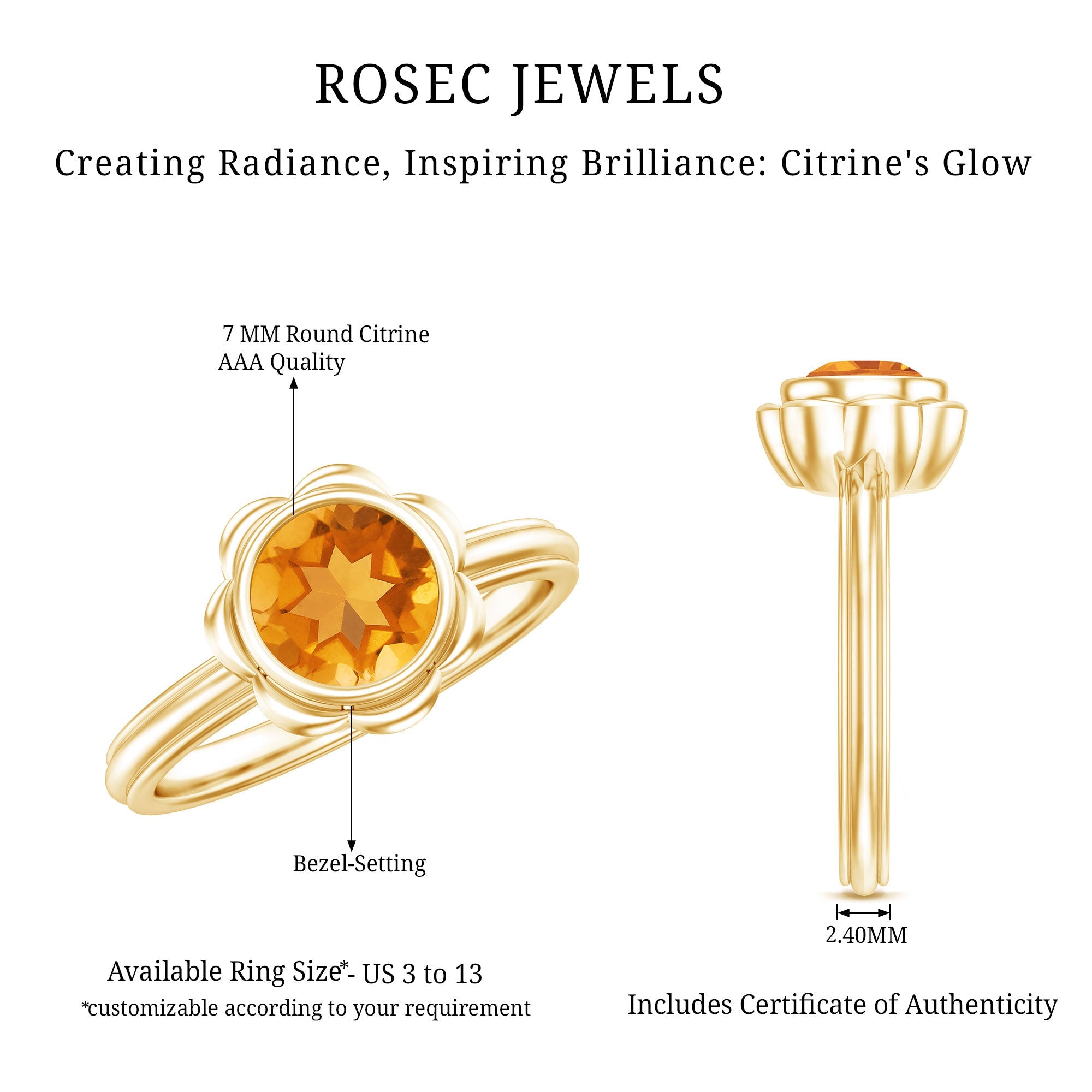 Citrine Engagement Ring - 1.2 Carat Solitaire Bezel Setting Floral Design