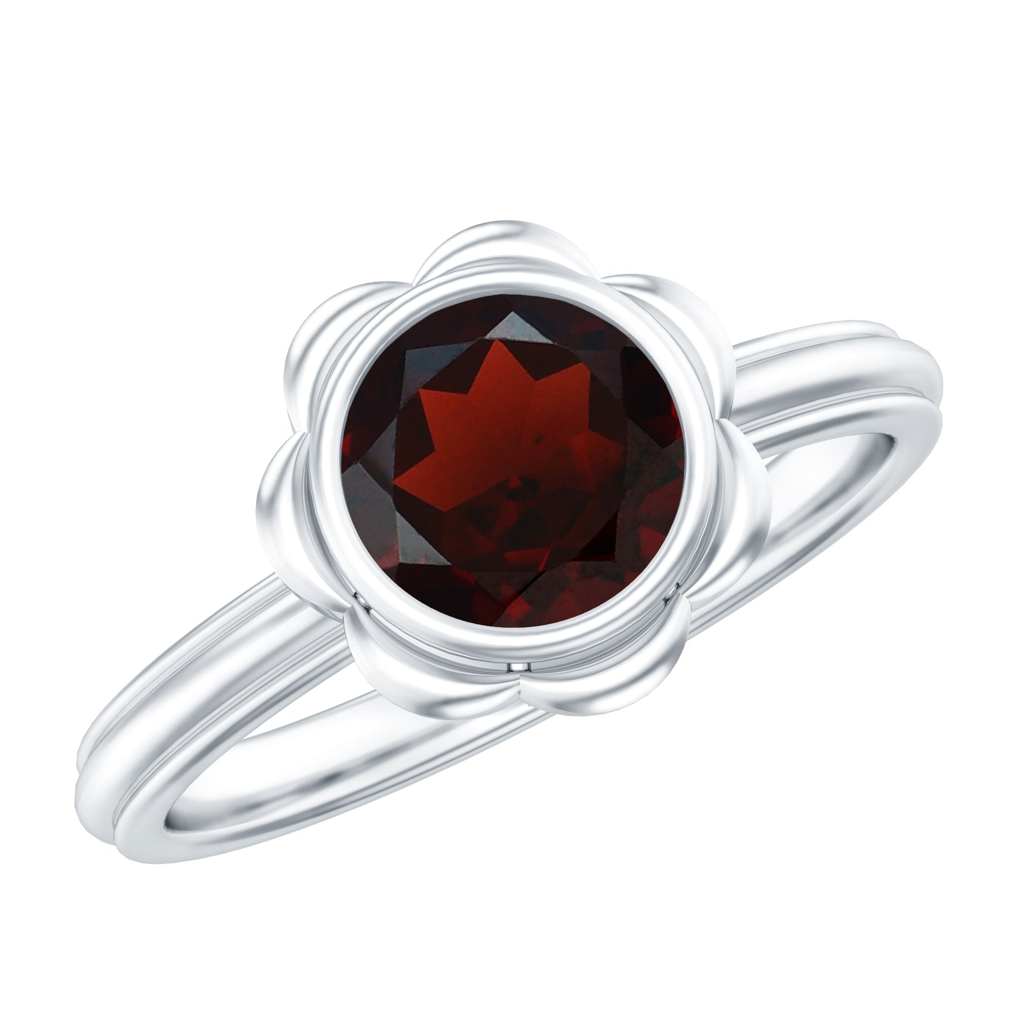 Garnet Engagement Ring – 1.7 Carat Round Cut Bezel Setting Floral Design