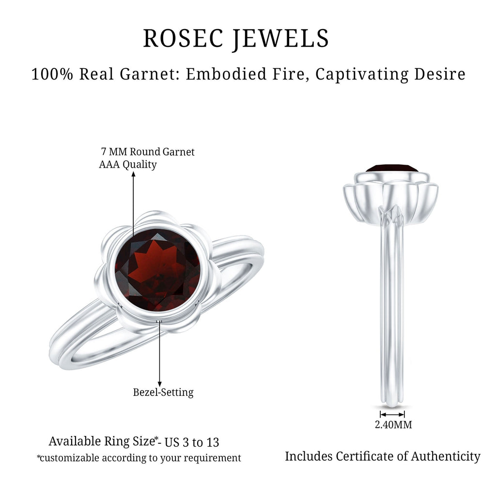 Garnet Engagement Ring – 1.7 Carat Round Cut Bezel Setting Floral Design