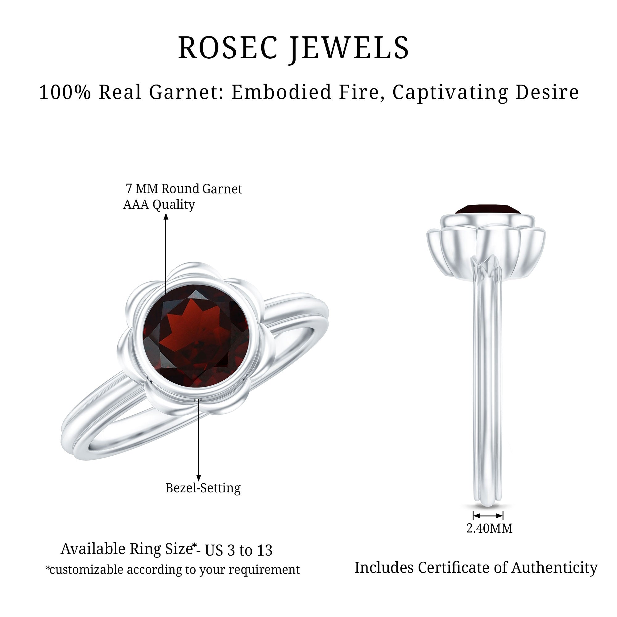 Garnet Engagement Ring – 1.7 Carat Round Cut Bezel Setting Floral Design