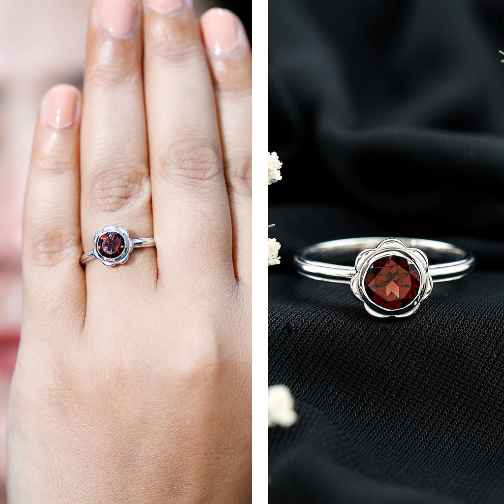 Garnet Engagement Ring – 1.7 Carat Round Cut Bezel Setting Floral Design