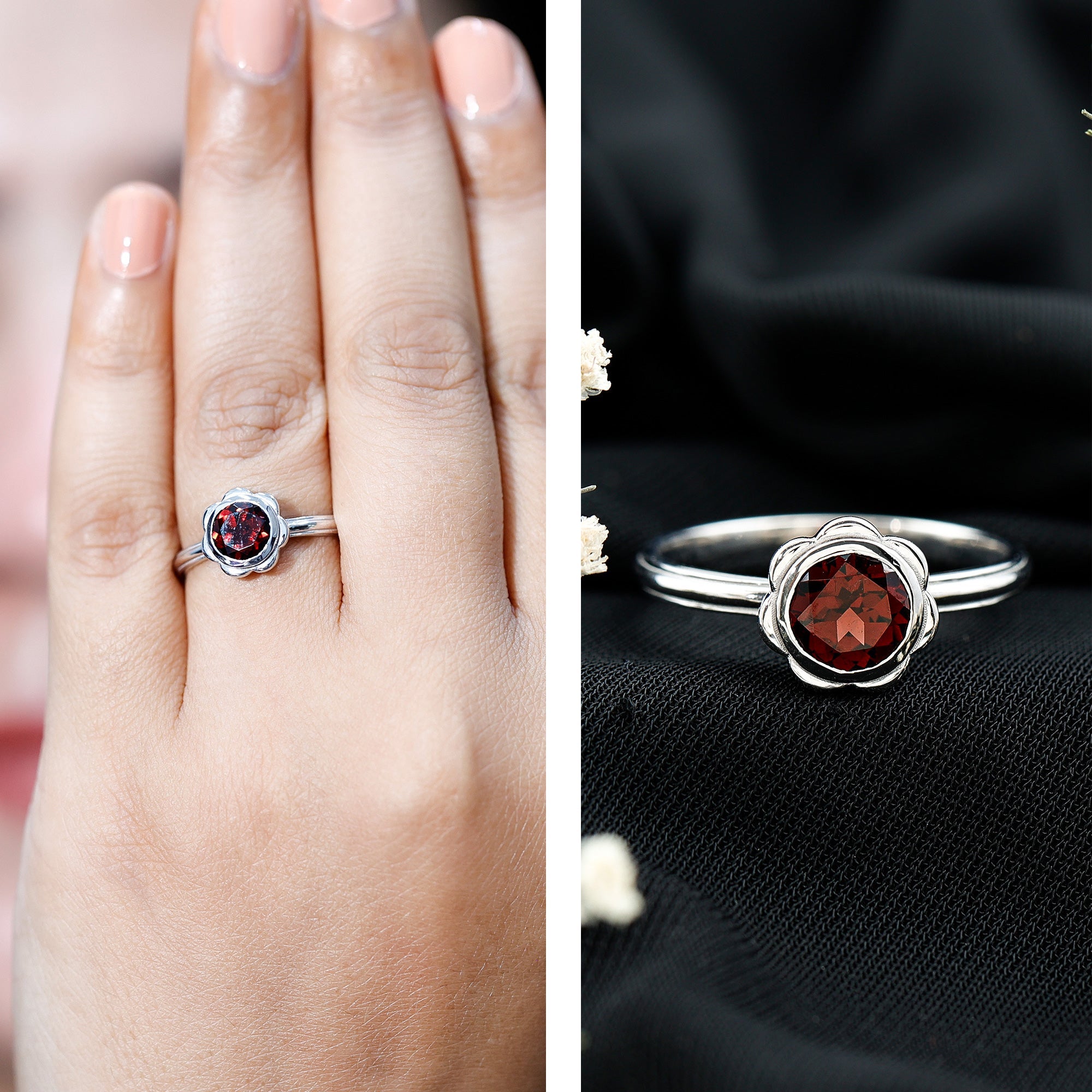 Garnet Engagement Ring – 1.7 Carat Round Cut Bezel Setting Floral Design