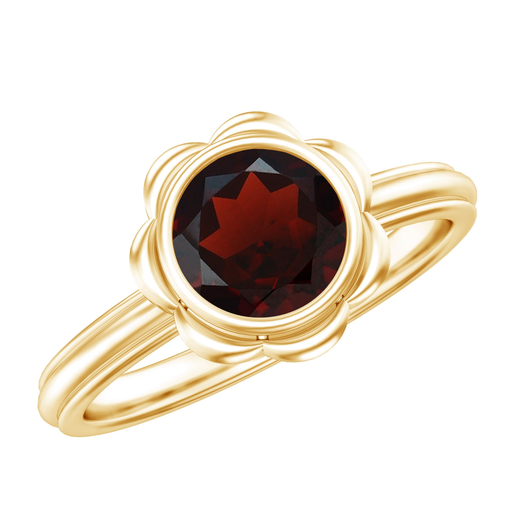 Garnet Engagement Ring – 1.7 Carat Round Cut Bezel Setting Floral Design