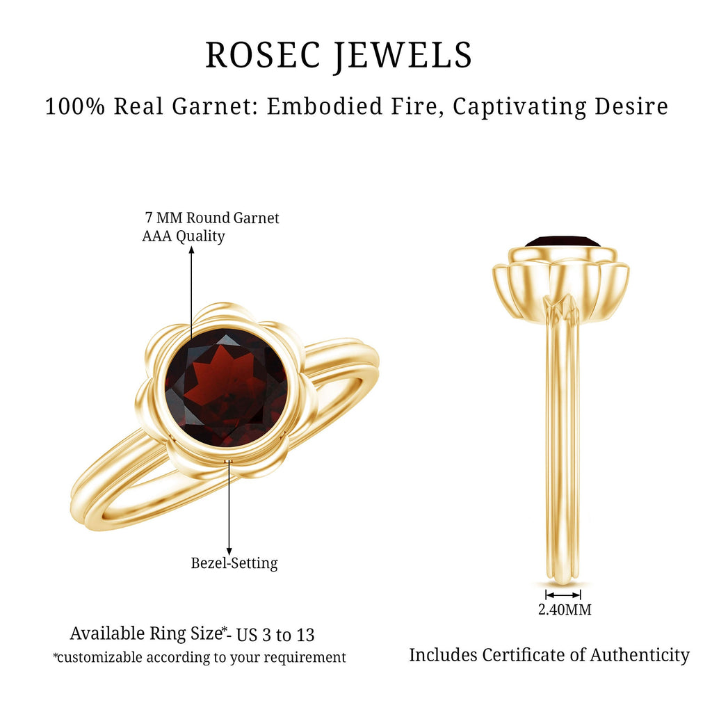 Garnet Engagement Ring – 1.7 Carat Round Cut Bezel Setting Floral Design