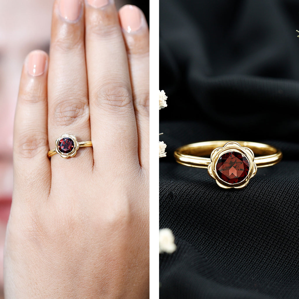 Garnet Engagement Ring – 1.7 Carat Round Cut Bezel Setting Floral Design