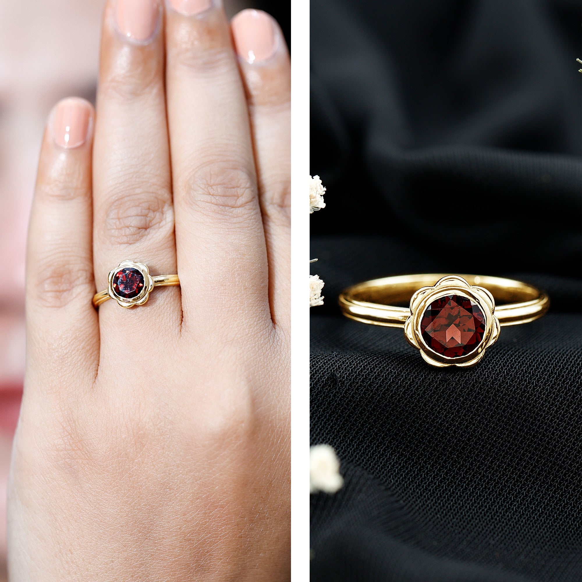 Garnet Engagement Ring – 1.7 Carat Round Cut Bezel Setting Floral Design