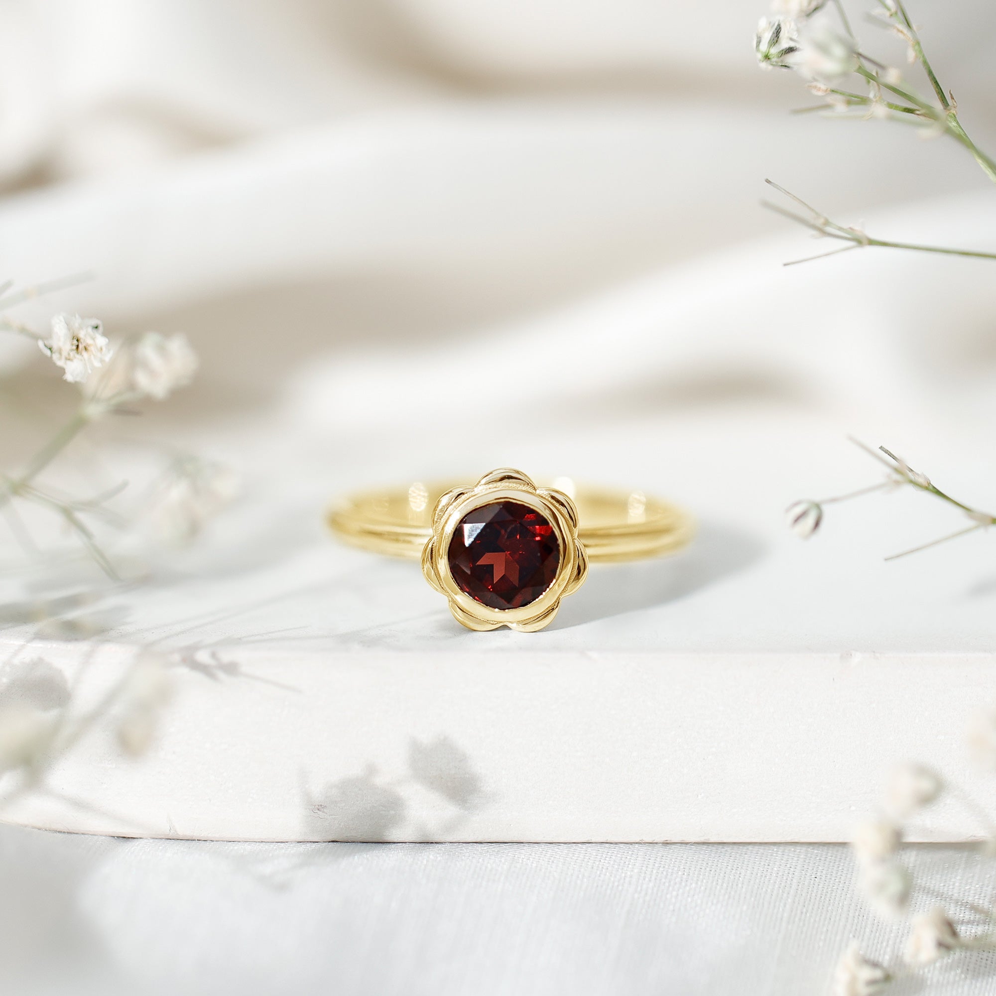 Garnet Engagement Ring – 1.7 Carat Round Cut Bezel Setting Floral Design