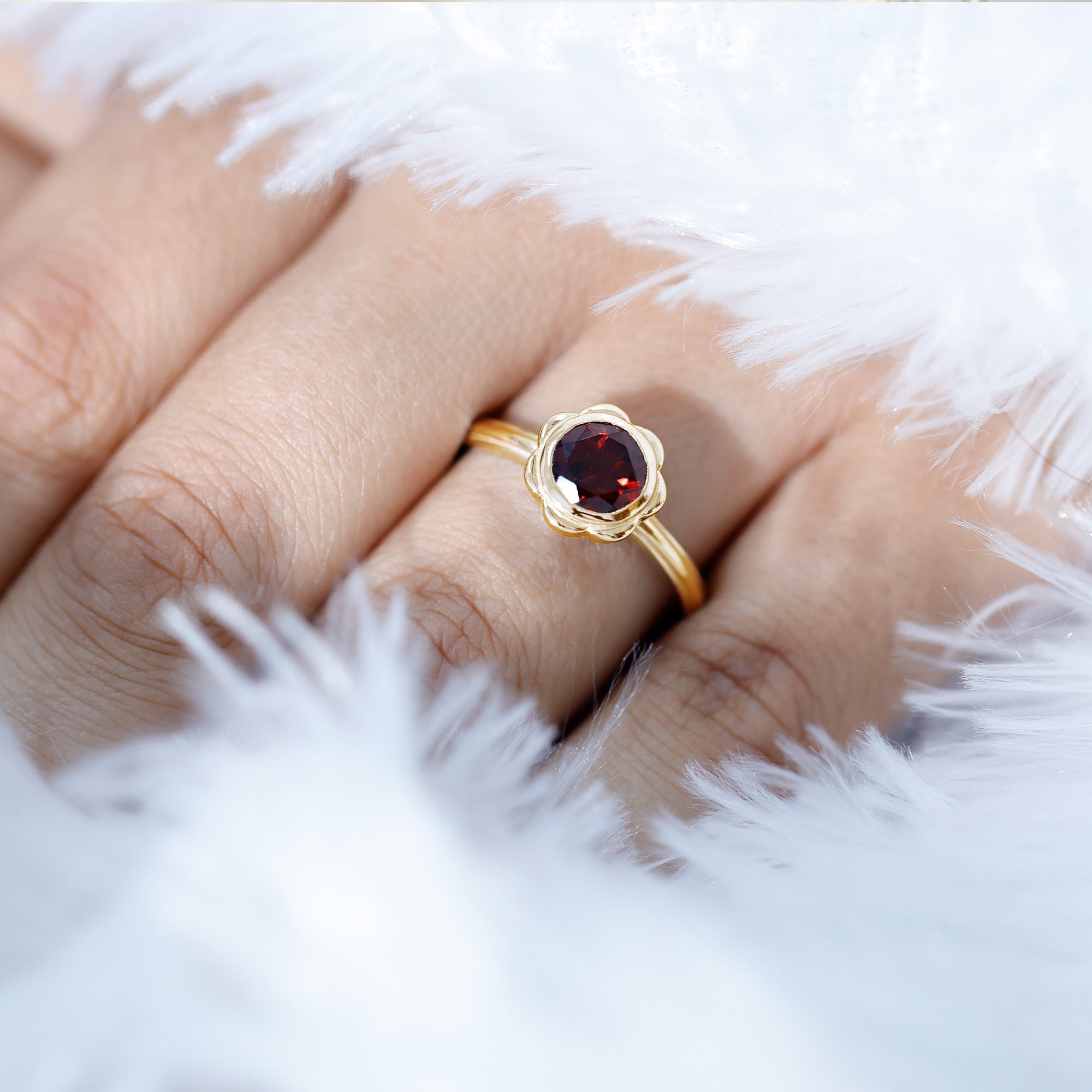 Garnet Engagement Ring – 1.7 Carat Round Cut Bezel Setting Floral Design