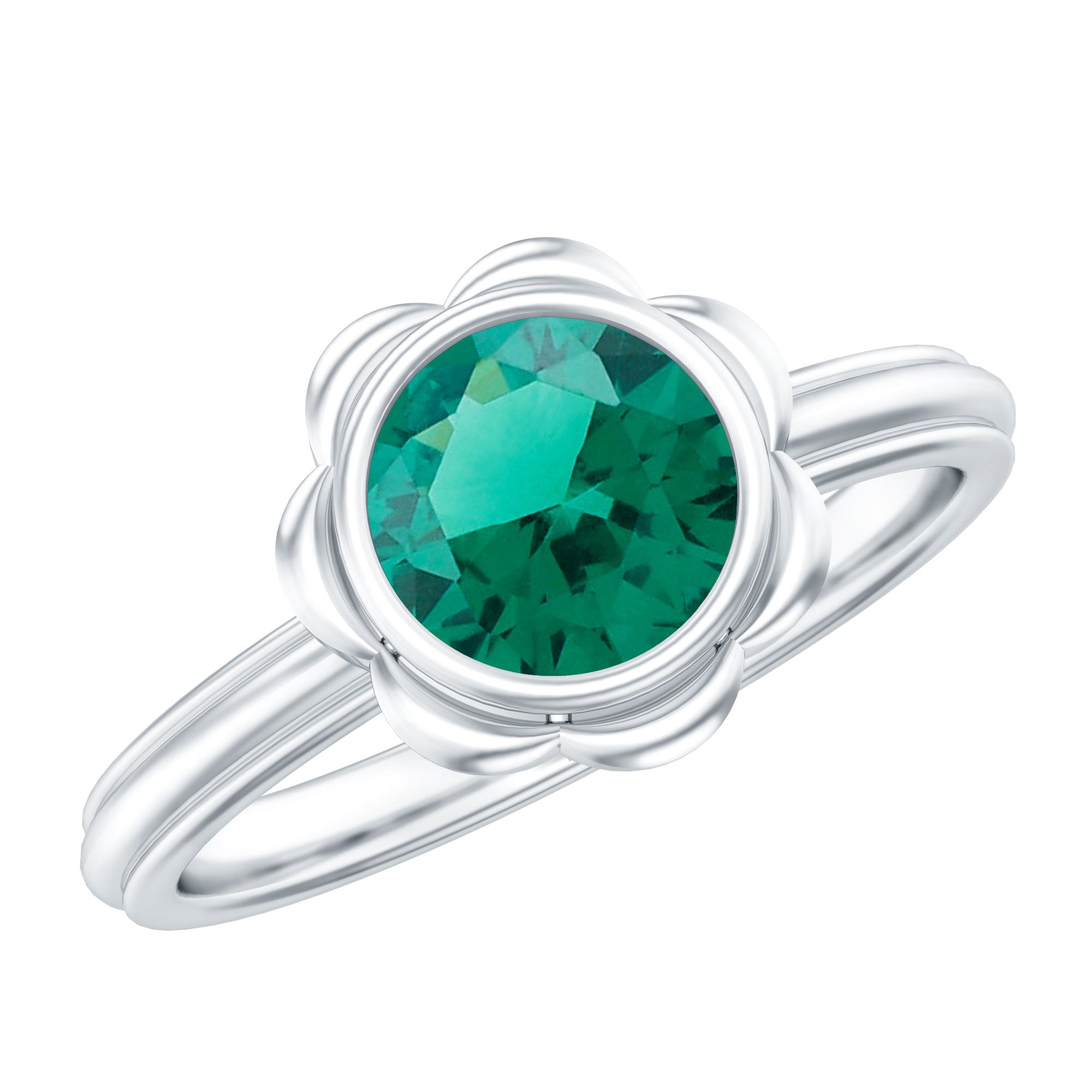 Emerald Engagement Ring - Lab Created 7MM Round Cut Bezel Set Floral Design