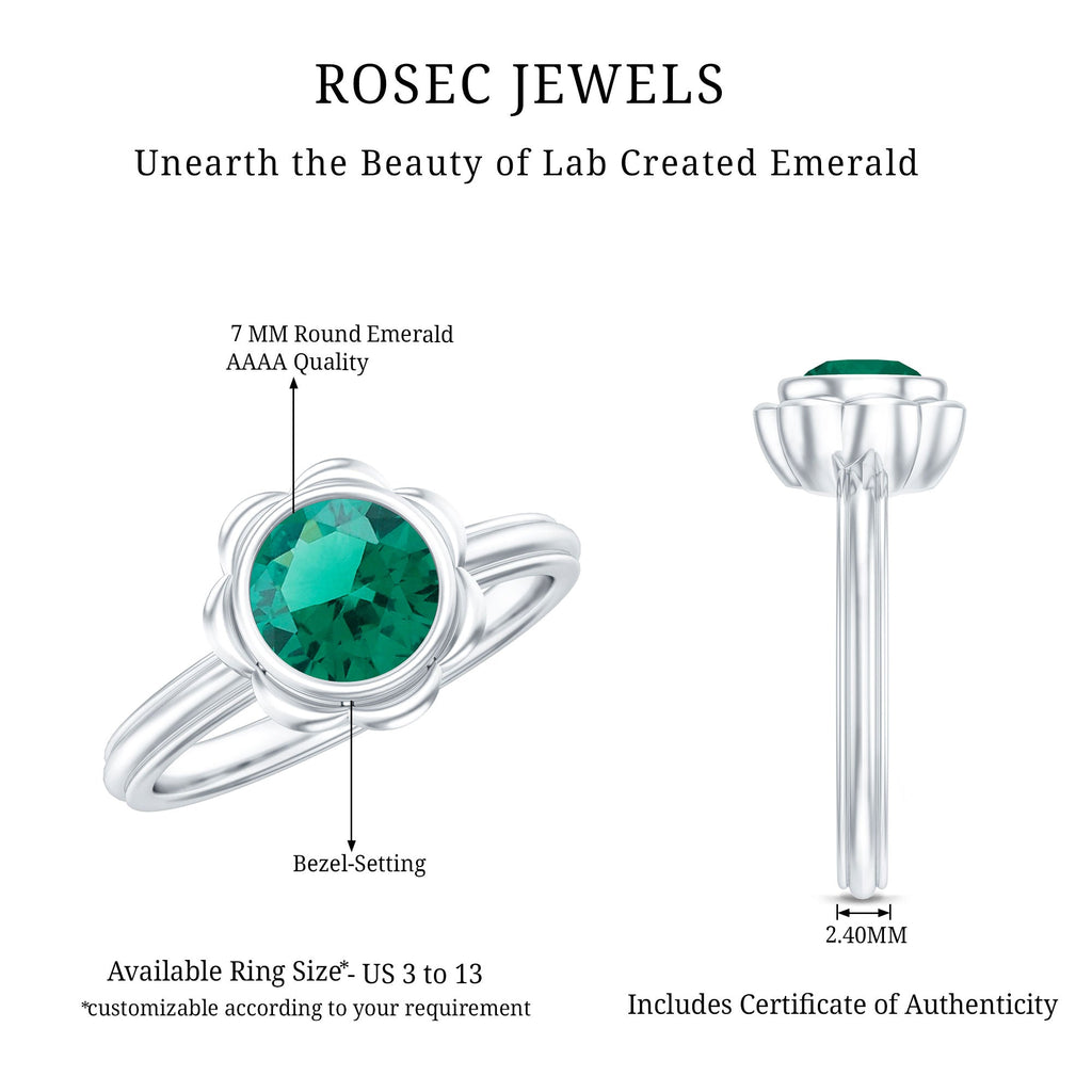 Emerald Engagement Ring - Lab Created 7MM Round Cut Bezel Set Floral Design