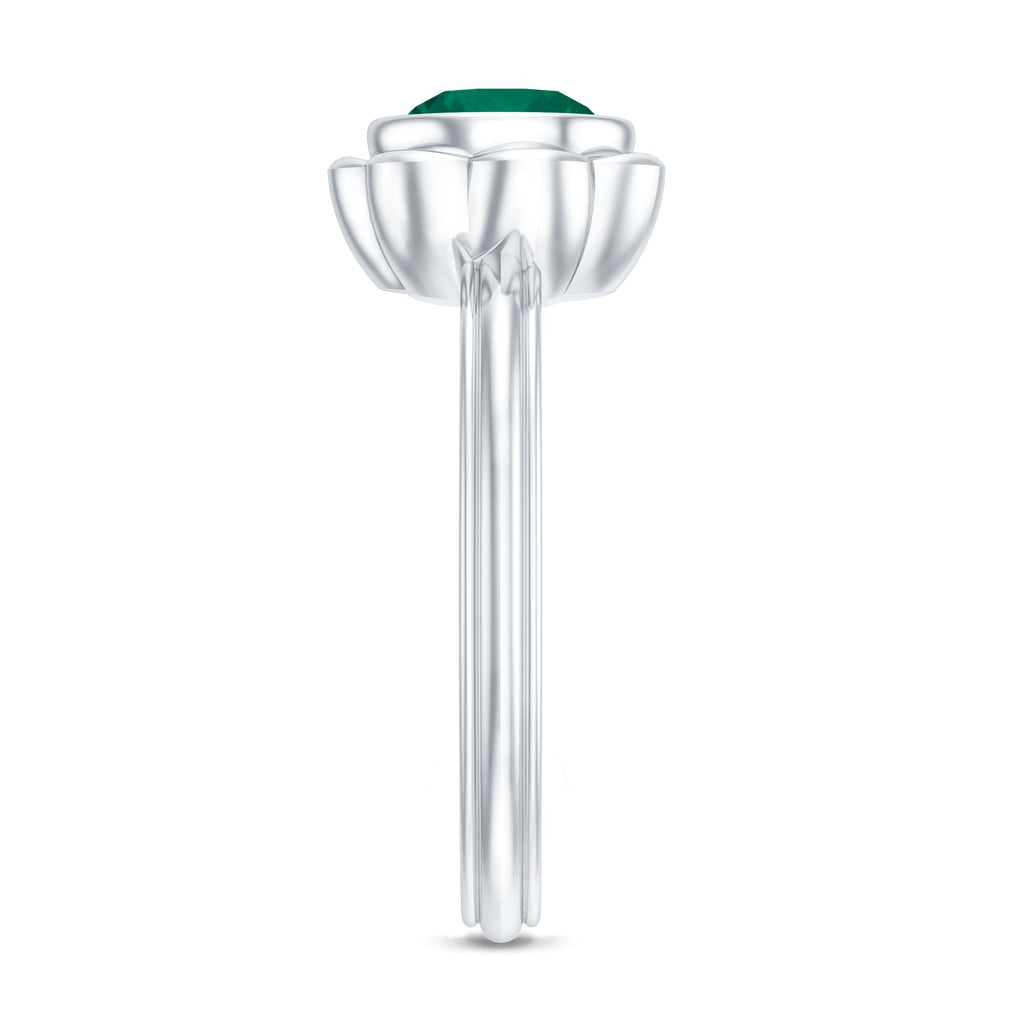 Emerald Engagement Ring - Lab Created 7MM Round Cut Bezel Set Floral Design