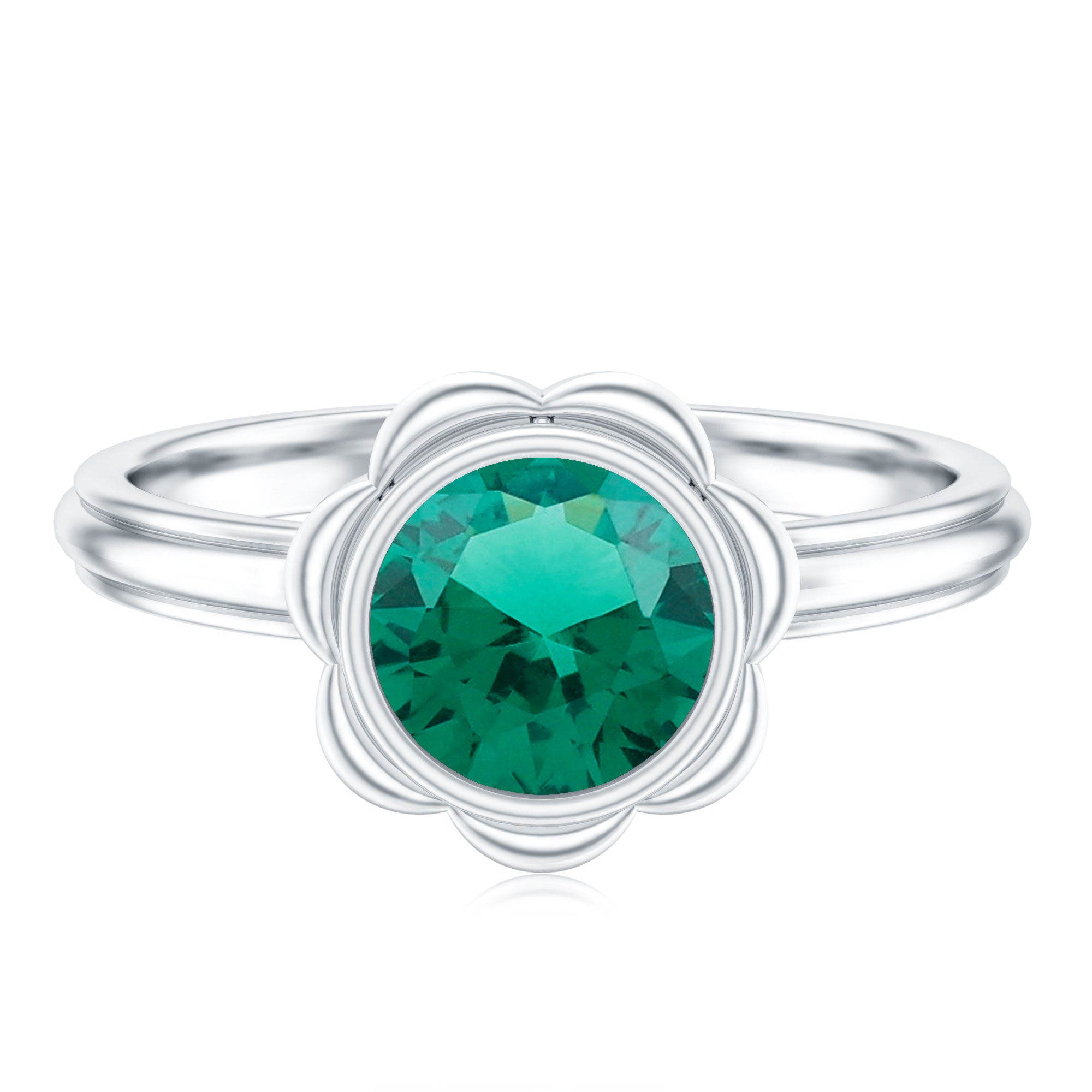 Emerald Engagement Ring - Lab Created 7MM Round Cut Bezel Set Floral Design