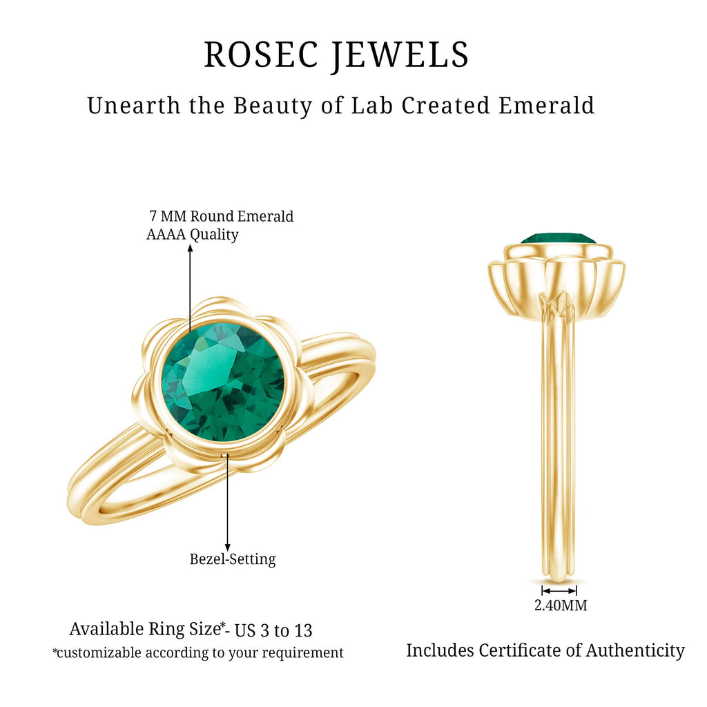 Emerald Engagement Ring - Lab Created 7MM Round Cut Bezel Set Floral Design