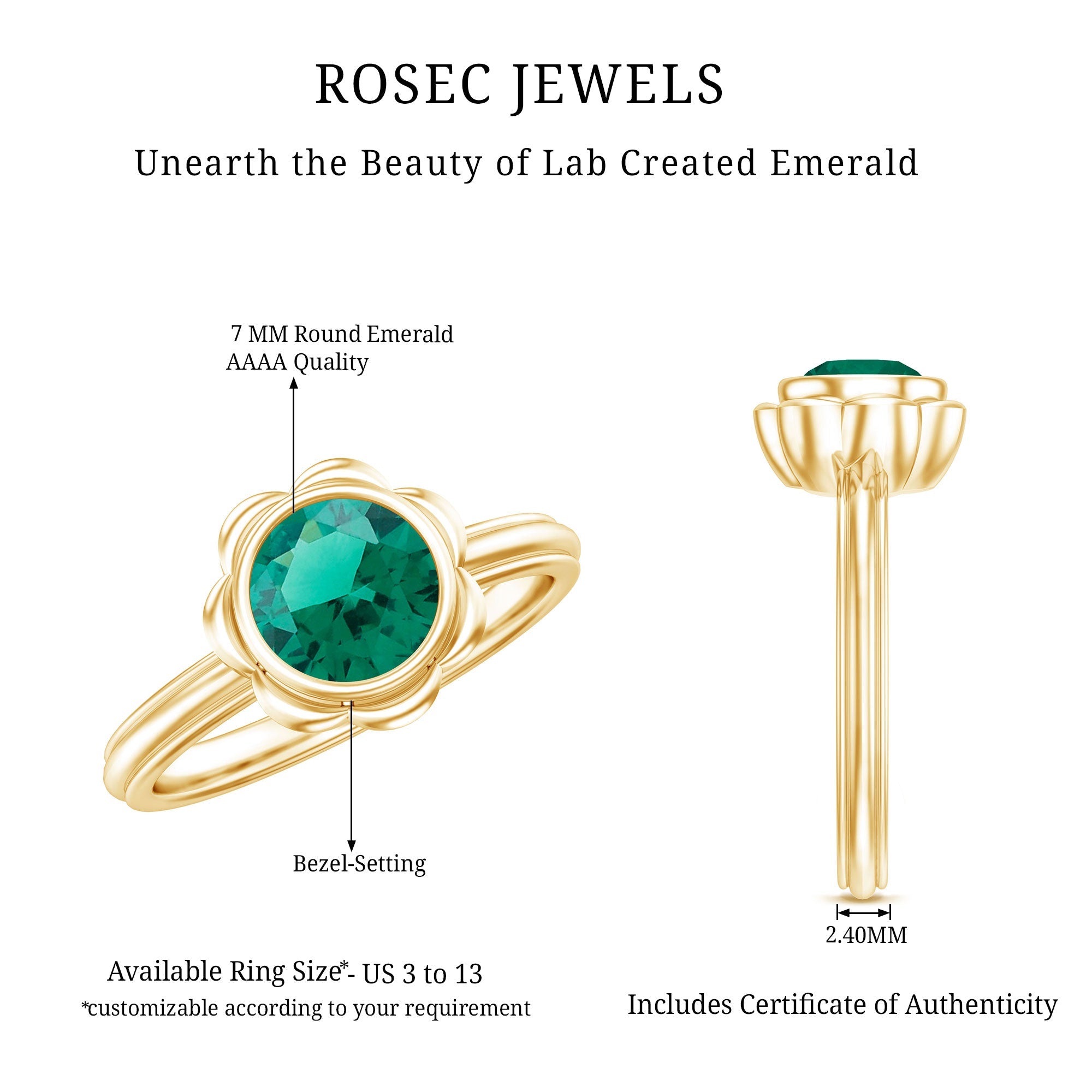 Emerald Engagement Ring - Lab Created 7MM Round Cut Bezel Set Floral Design