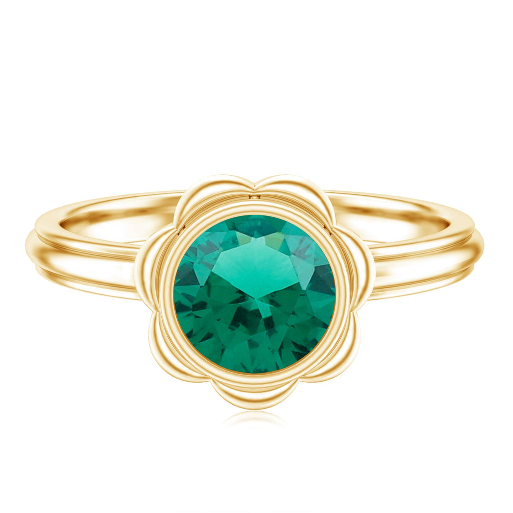 Emerald Engagement Ring - Lab Created 7MM Round Cut Bezel Set Floral Design