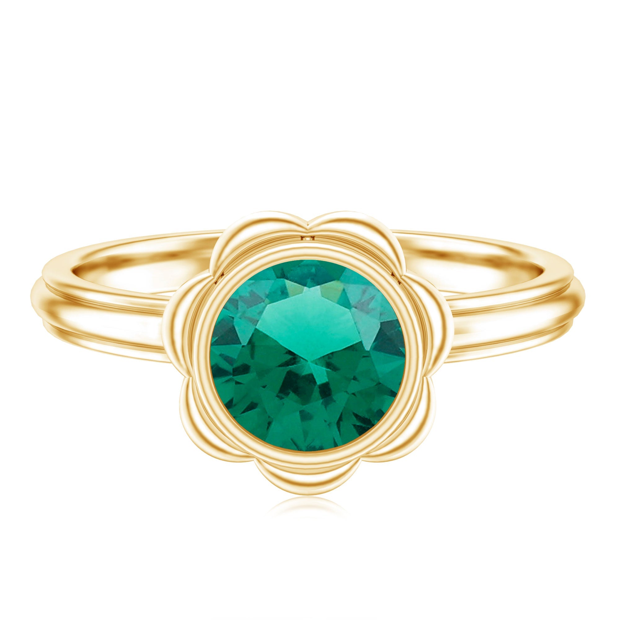 Emerald Engagement Ring - Lab Created 7MM Round Cut Bezel Set Floral Design