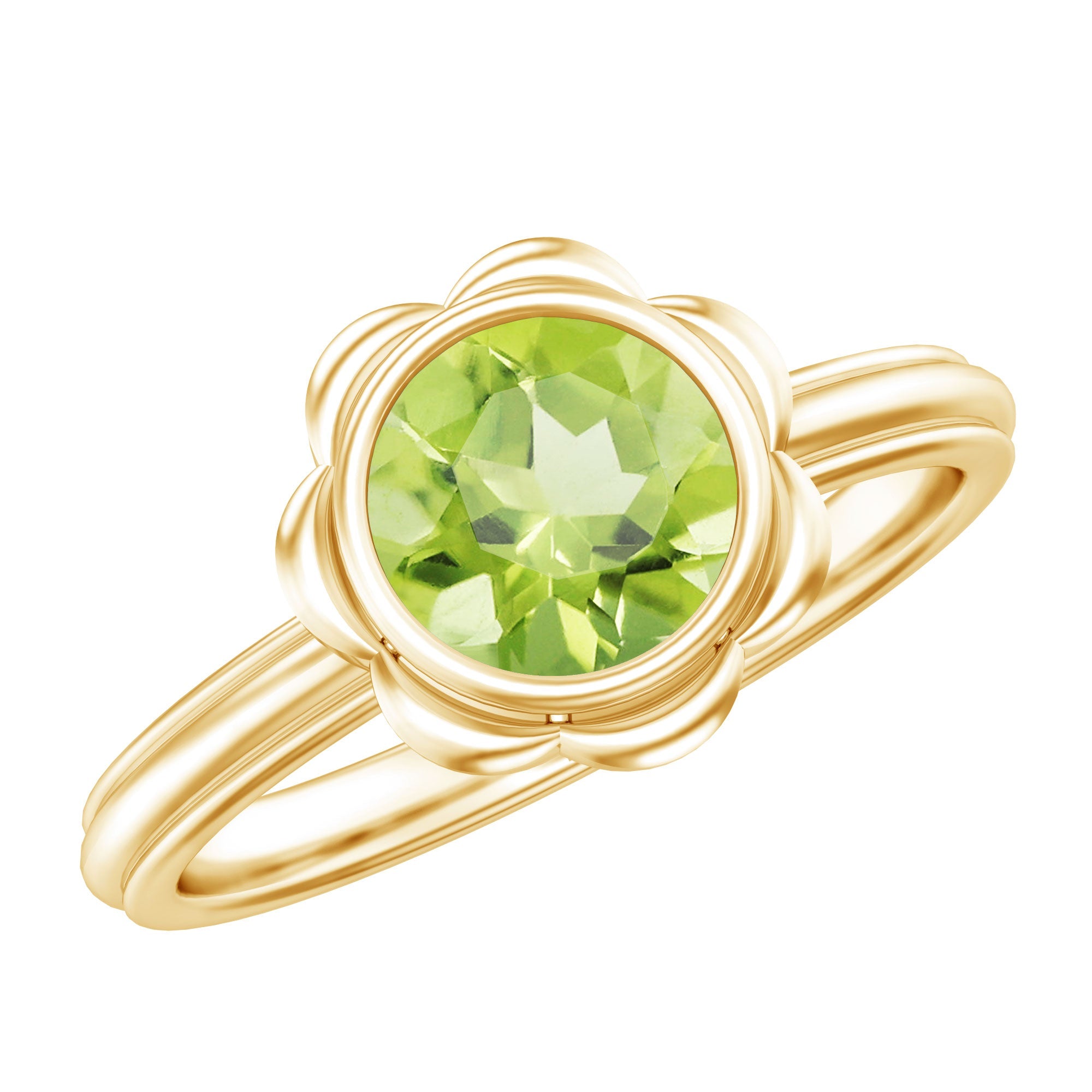 Peridot Engagement Ring – Bezel Set 1.2 Carat Round Cut Flower Design
