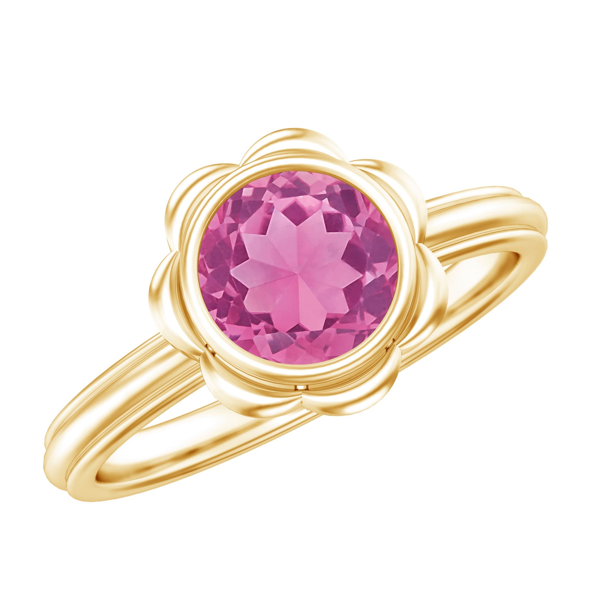 Pink Tourmaline Engagement Ring – Round Cut Flower Bezel Setting AAA Quality