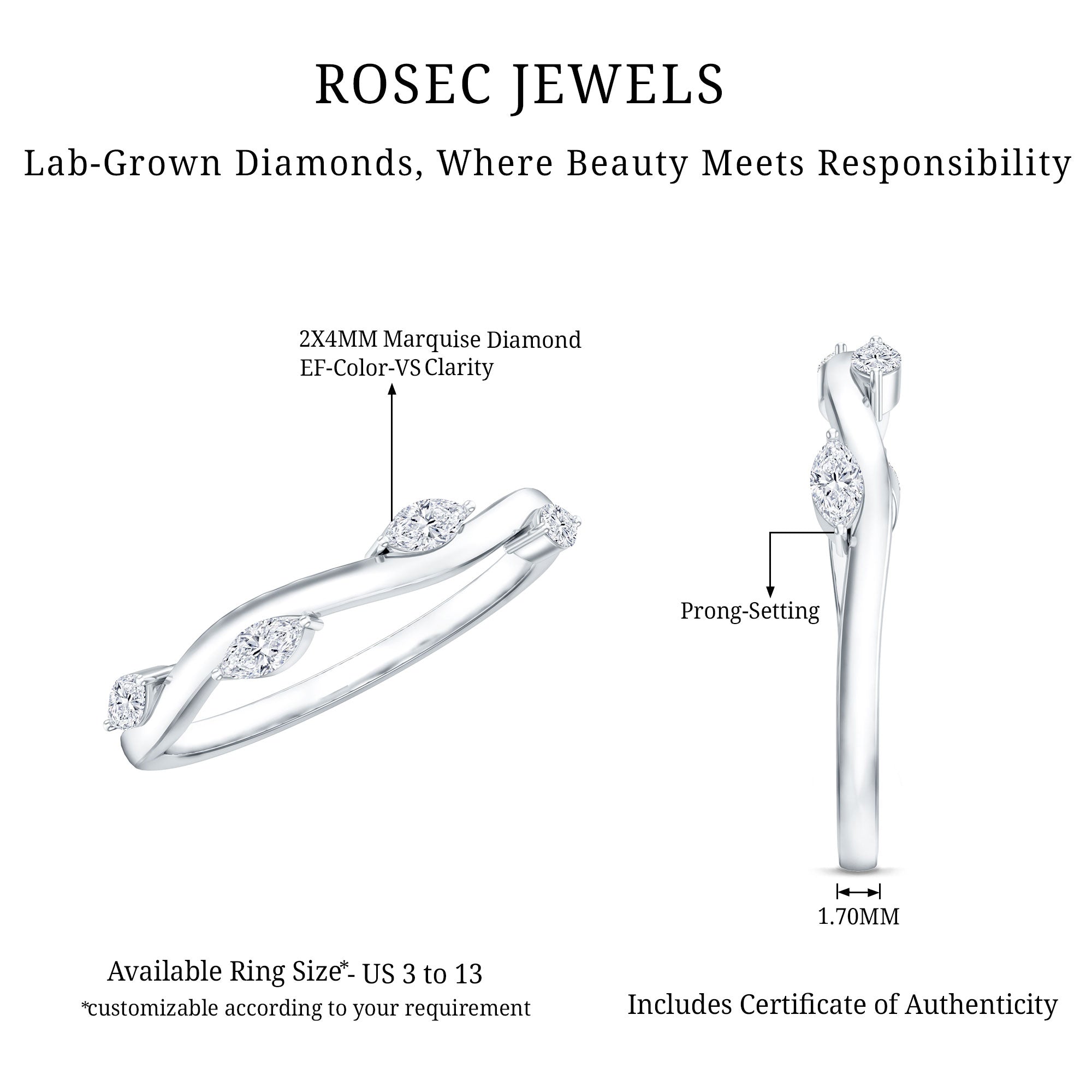 Lab Grown Diamond Wedding Band – Marquise Cut Half Eternity Band with Prong Setting Diamonds