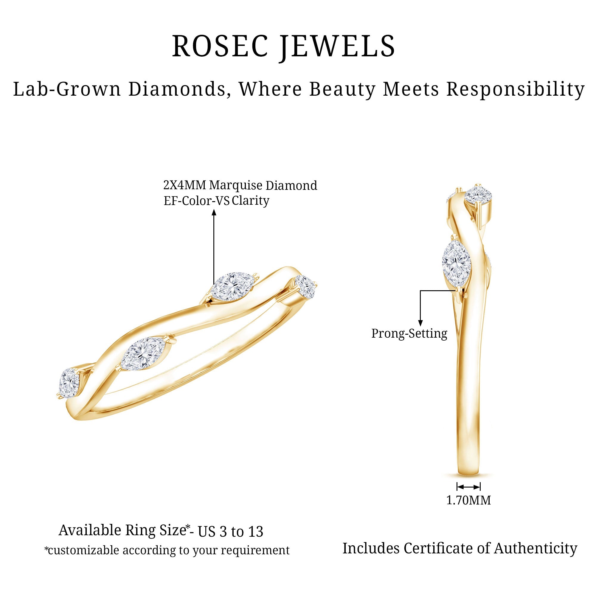 Lab Grown Diamond Wedding Band – Marquise Cut Half Eternity Band with Prong Setting Diamonds