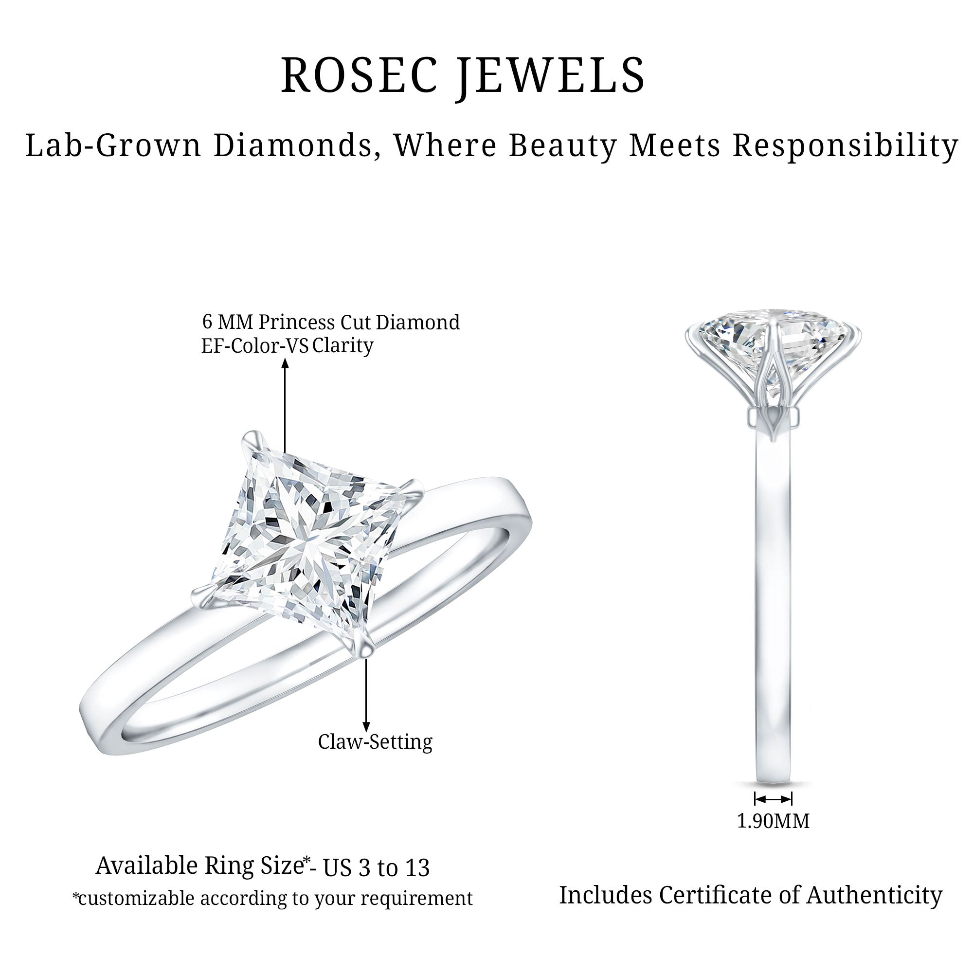 Princess Cut Engagement Ring - 1.25 Carat Lab Grown Diamond Solitaire Claw Setting