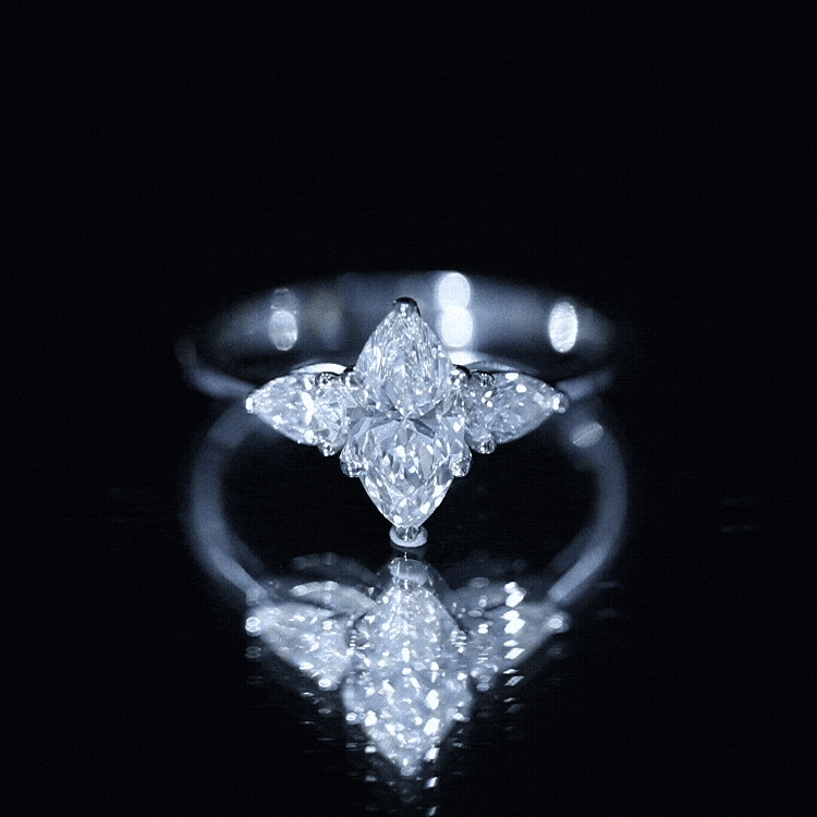 Lab Grown Diamond Ring – Three Stone Engagement Marquise Ring with Sparkling Pear Diamonds