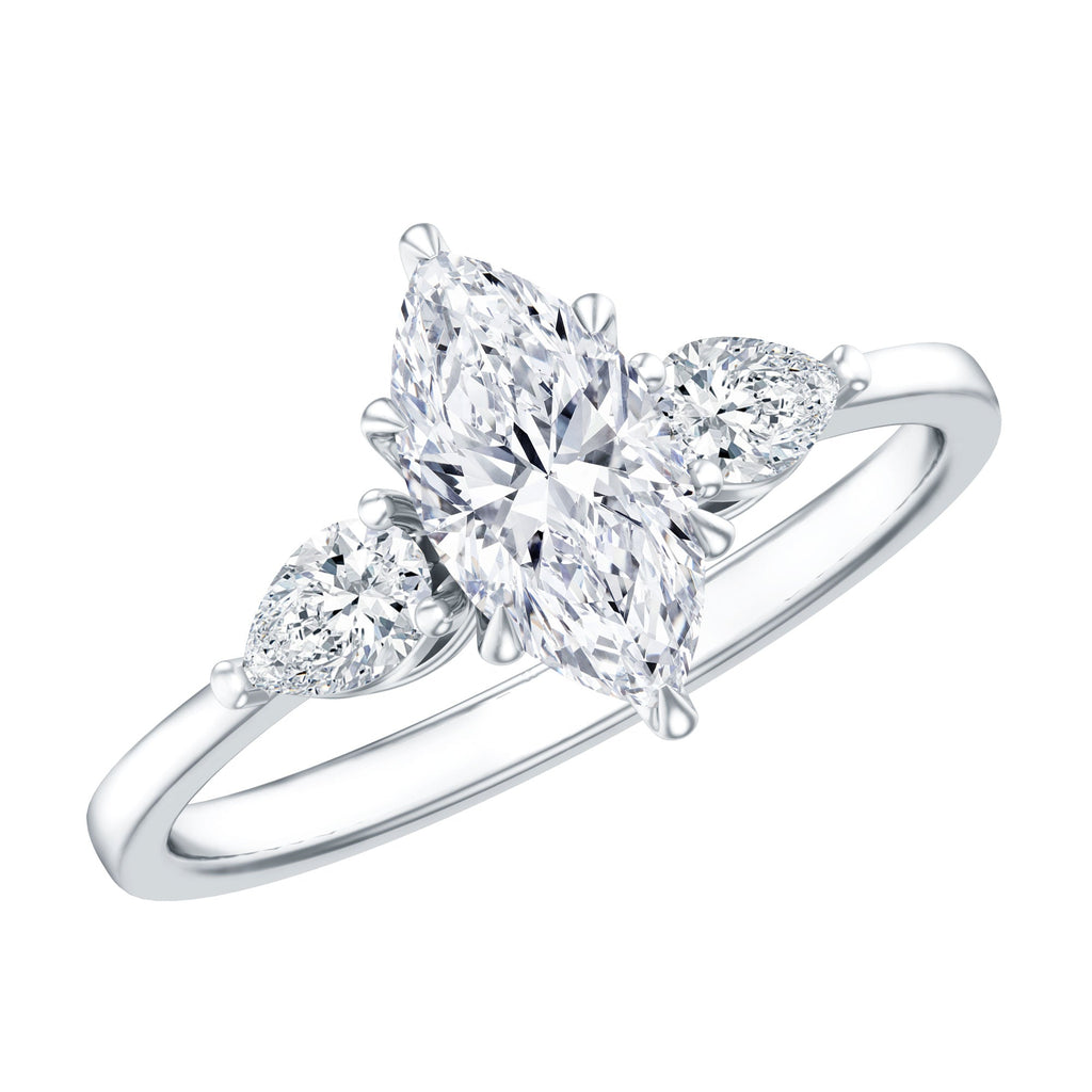 Lab Grown Diamond Ring – Three Stone Engagement Marquise Ring with Sparkling Pear Diamonds
