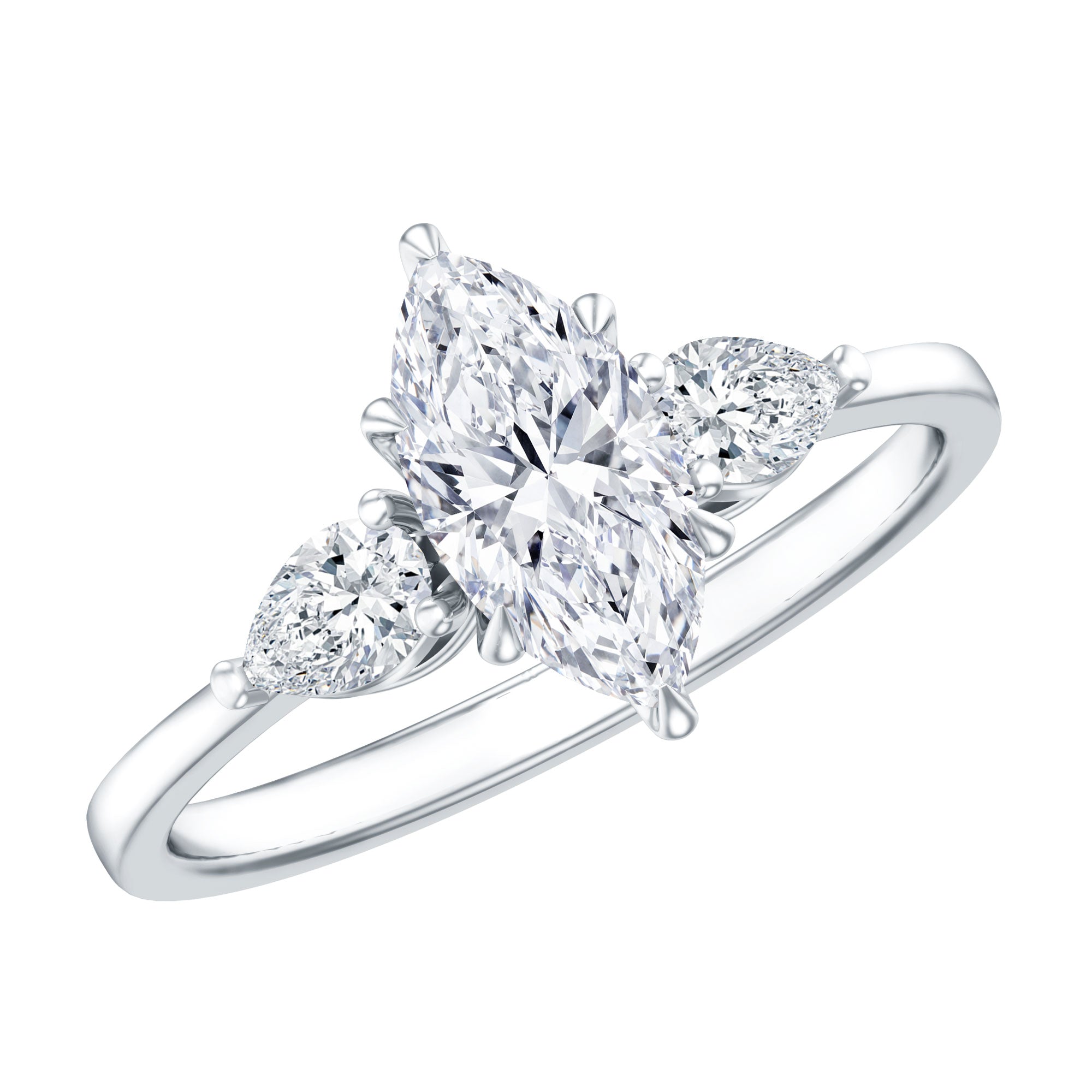 Lab Grown Diamond Ring – Three Stone Engagement Marquise Ring with Sparkling Pear Diamonds