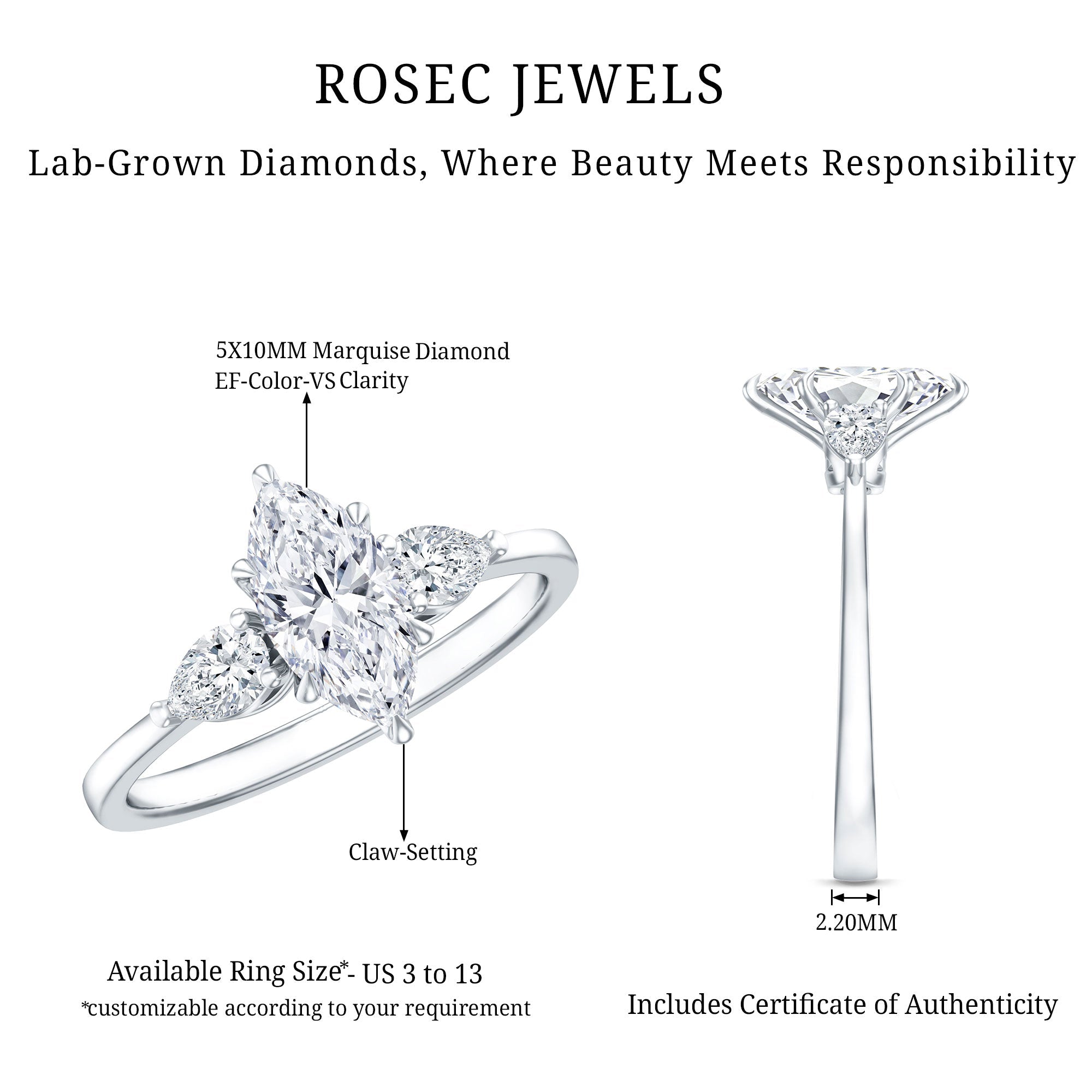 Lab Grown Diamond Ring – Three Stone Engagement Marquise Ring with Sparkling Pear Diamonds