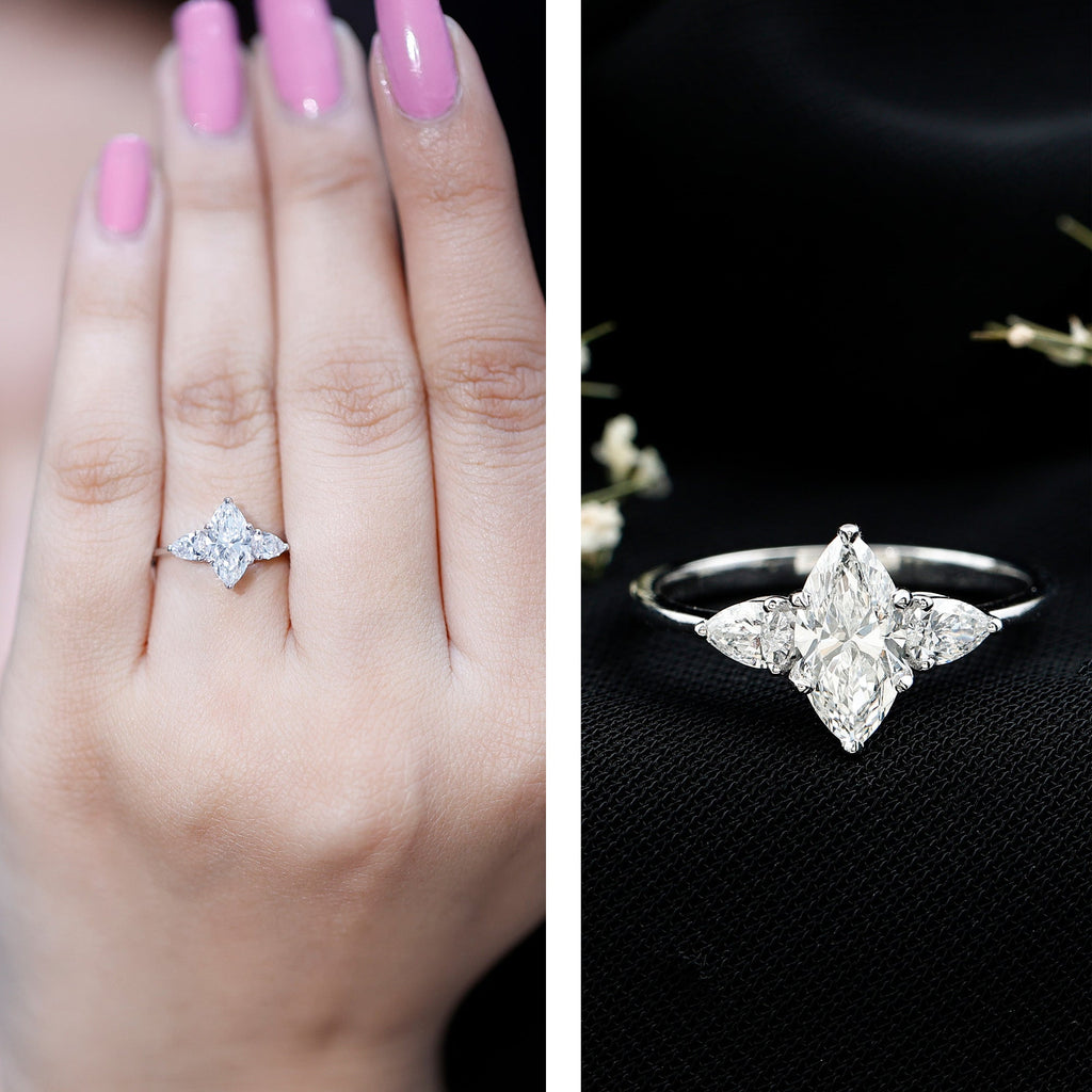 Lab Grown Diamond Ring – Three Stone Engagement Marquise Ring with Sparkling Pear Diamonds