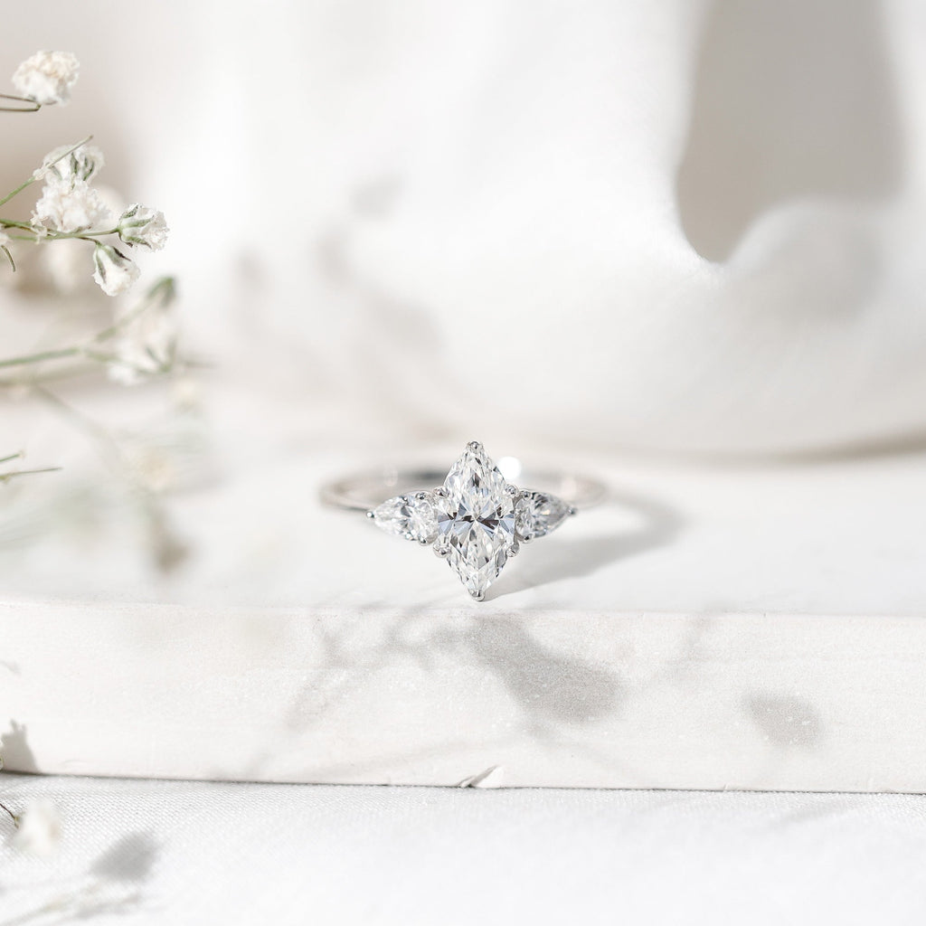 Lab Grown Diamond Ring – Three Stone Engagement Marquise Ring with Sparkling Pear Diamonds